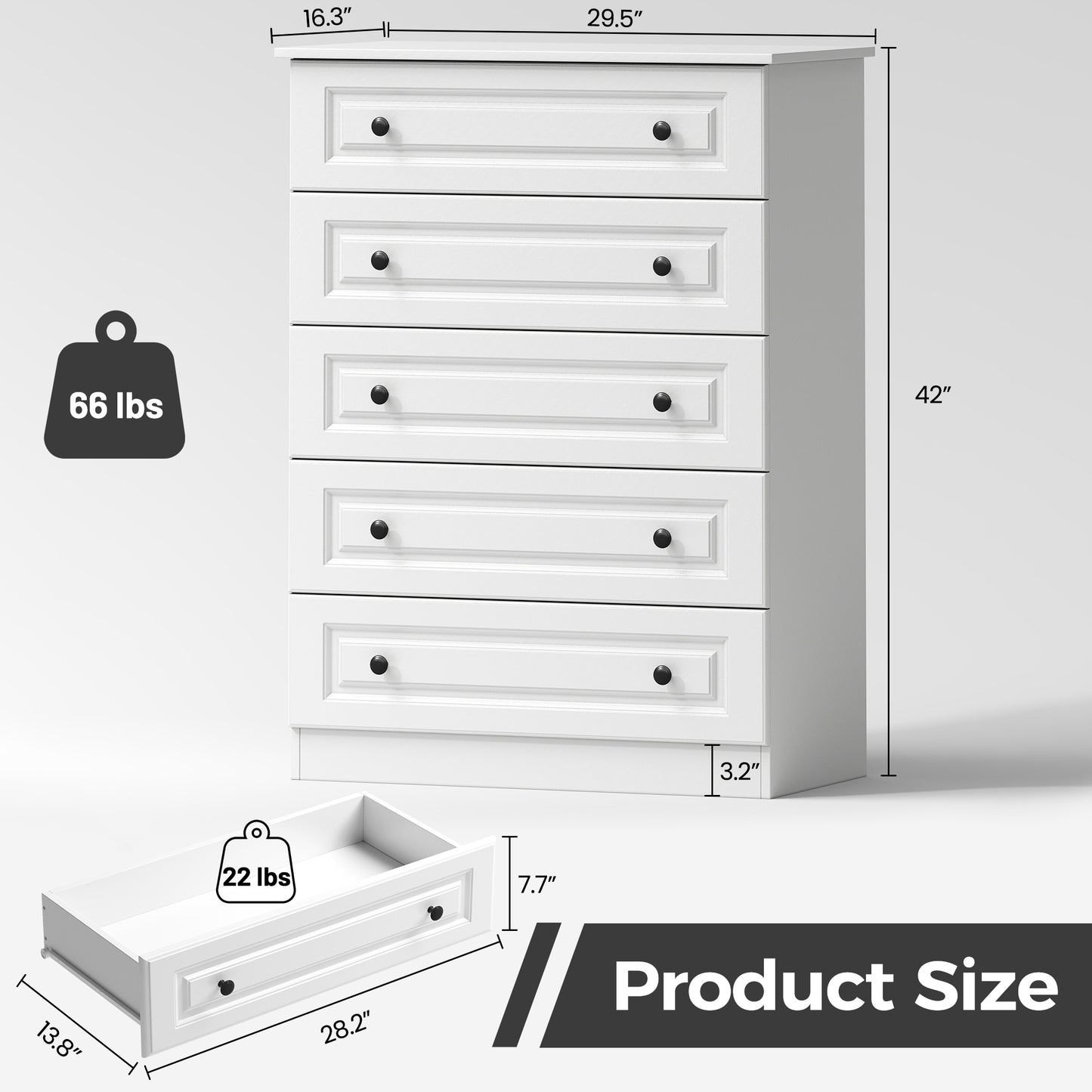 NEGYLIM 5 Drawer Dresser Tall, Modern White Chest of Drawers with Anti-Tip, Large Storage for Bedroom, Hallway, Entryway, (White)