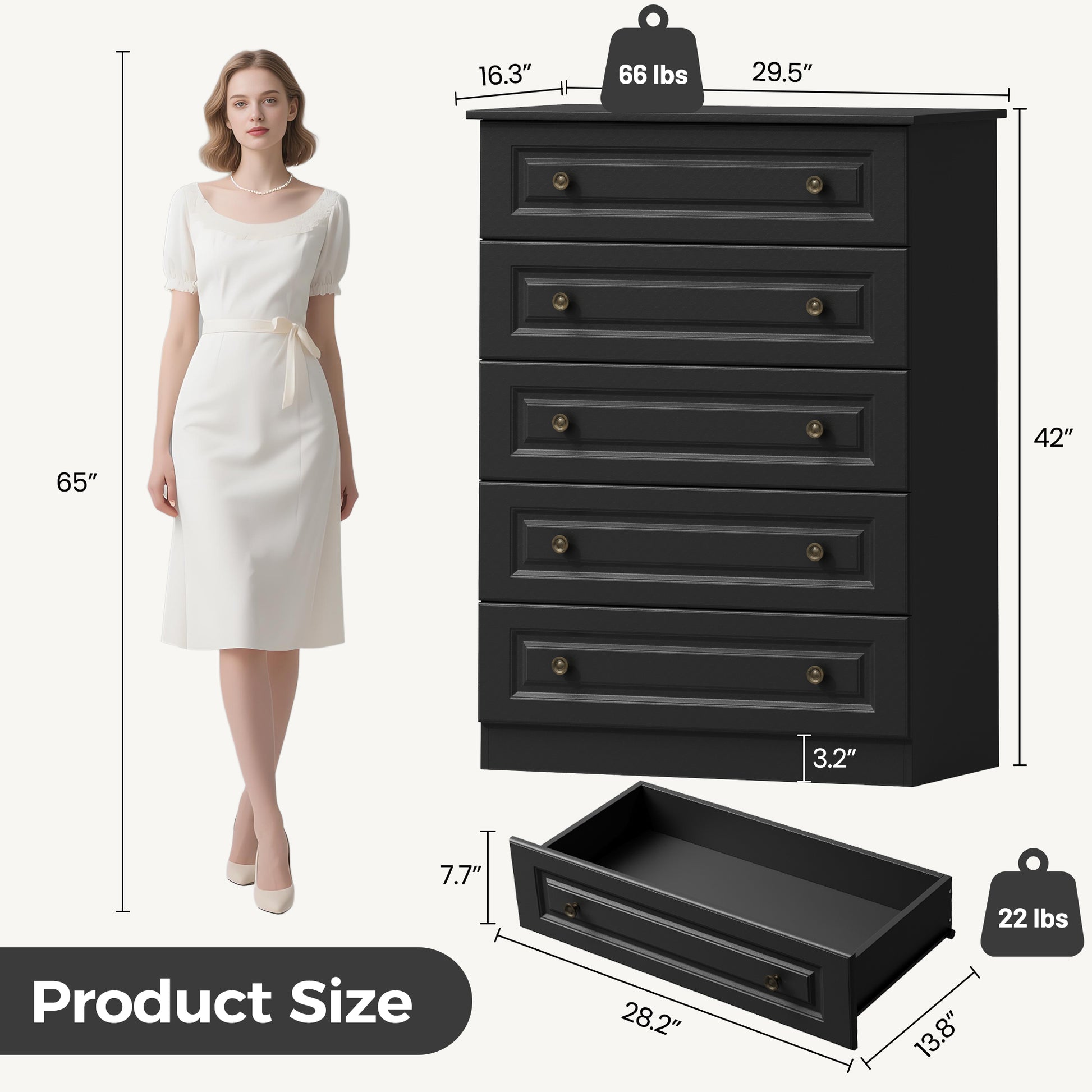 NEGYLIM 5 Drawer Dresser Tall, Modern White Chest of Drawers with Anti