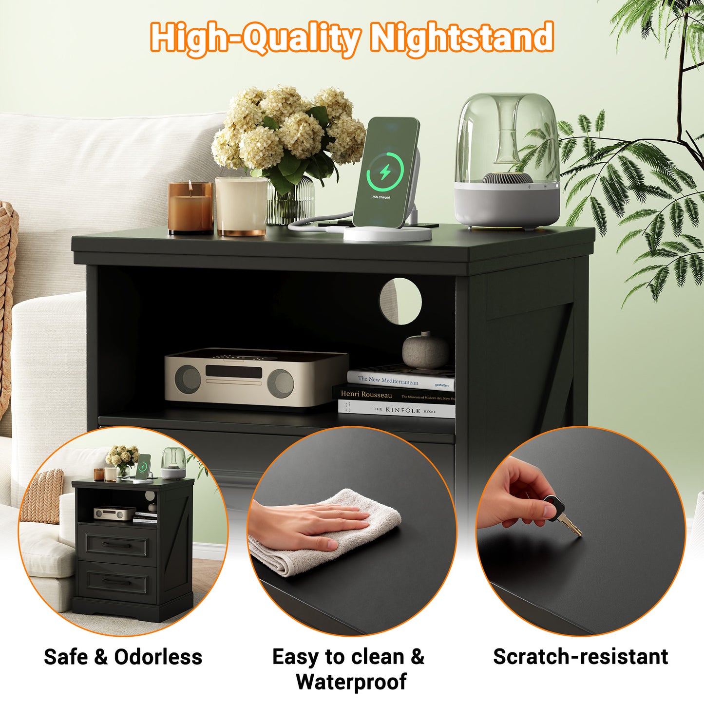NEGYLIM Nightstand with Drawers for Bedroom, Farmhouse End Table with Charging Station, 2 Drawers Storage for Bedroom