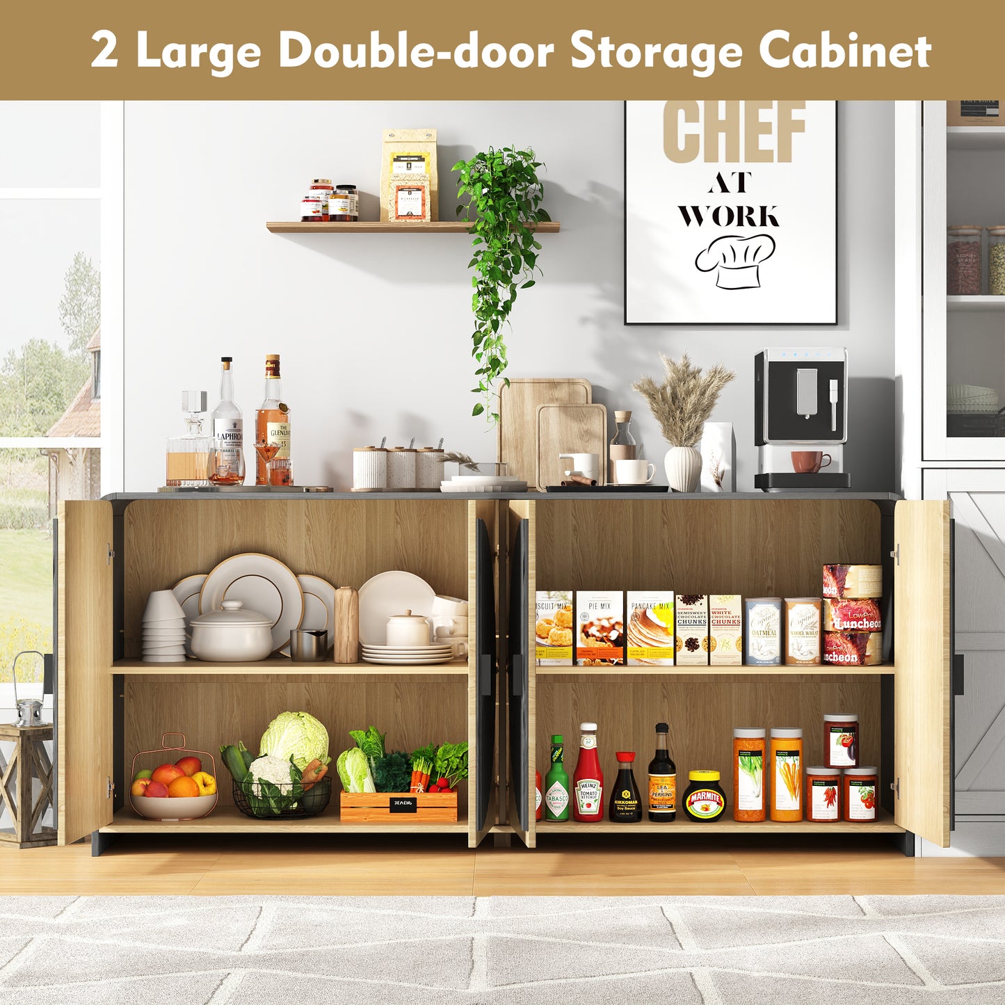 65" Large Sideboard Buffet Cabinet with Adjustable Shelves – Modern Farmhouse Coffee Bar & Dining Room Storage, Solid Wood Kitchen Table with Doors (Black)