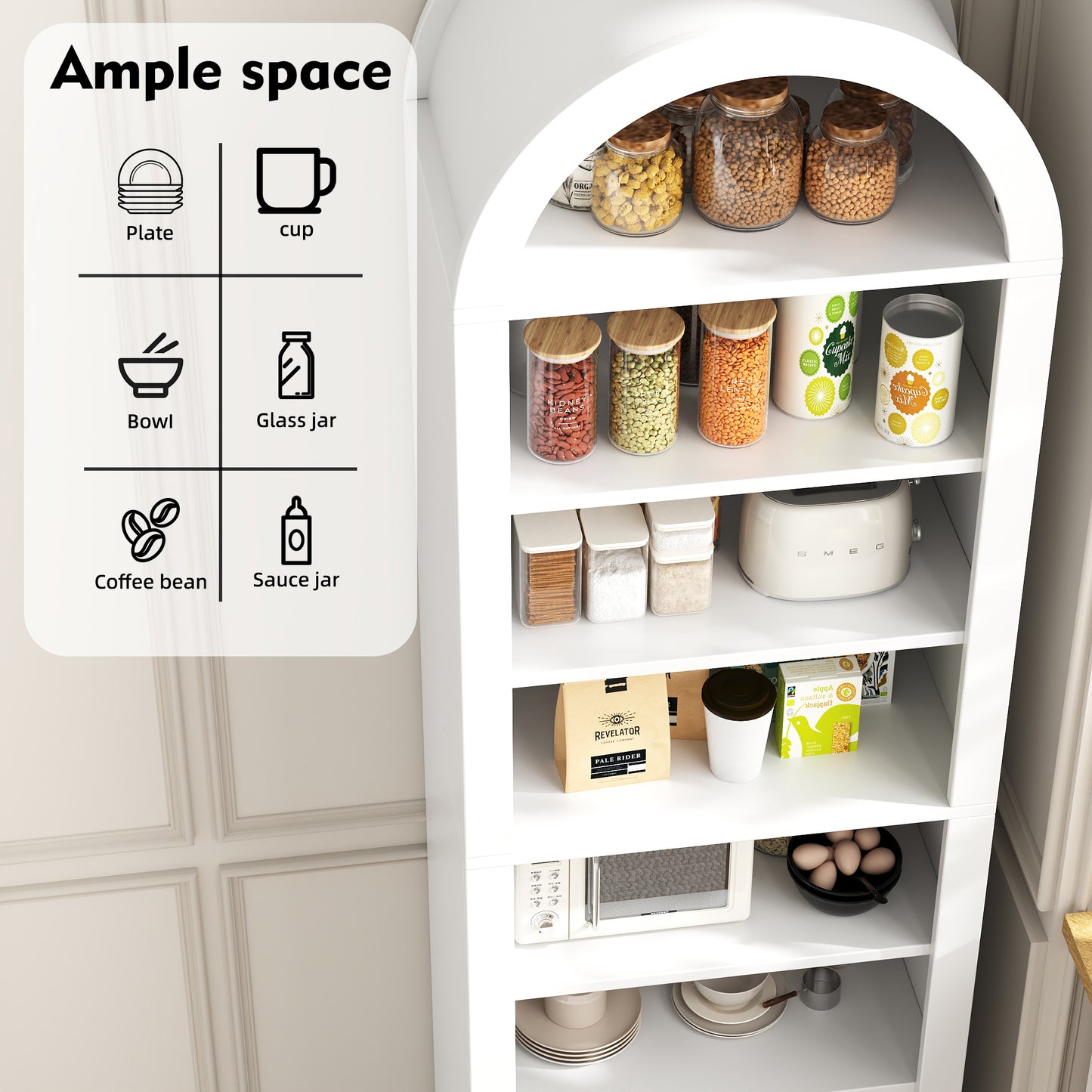 71" Tall Arched Storage Cabinet with Doors & Shelves – Multi-Purpose Pantry Cabinet for Kitchen, Bathroom, Living Room, Bedroom, Entryway & Office (White)