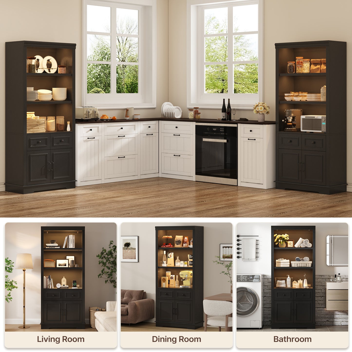 Negylim 71” Tall Lighted Coffee Bar Cabinet, Farmhouse Pantry Storage Hutch with Built-in LED Strip Lights, 3 Open Display Shelves, 2 Pull-Out Drawers & Closed Storage Cupboard, Black