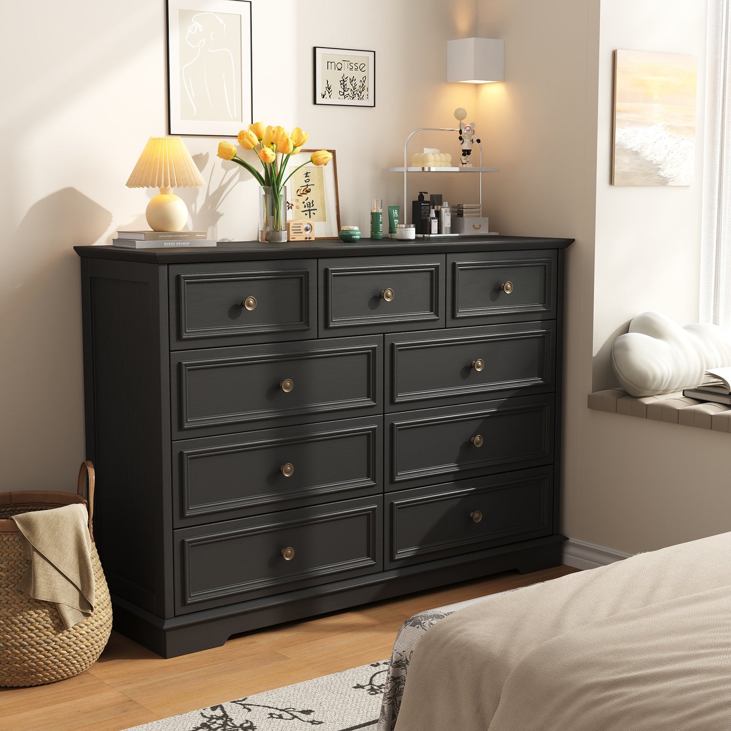 9 Drawer Chest of Drawers, Tall Storage Dresser Organizer, Modern Storage Cabinet Dresser Organizer Unit with Antique Bronze Round Handles for Living Room, Closet, Hallway, Entryway