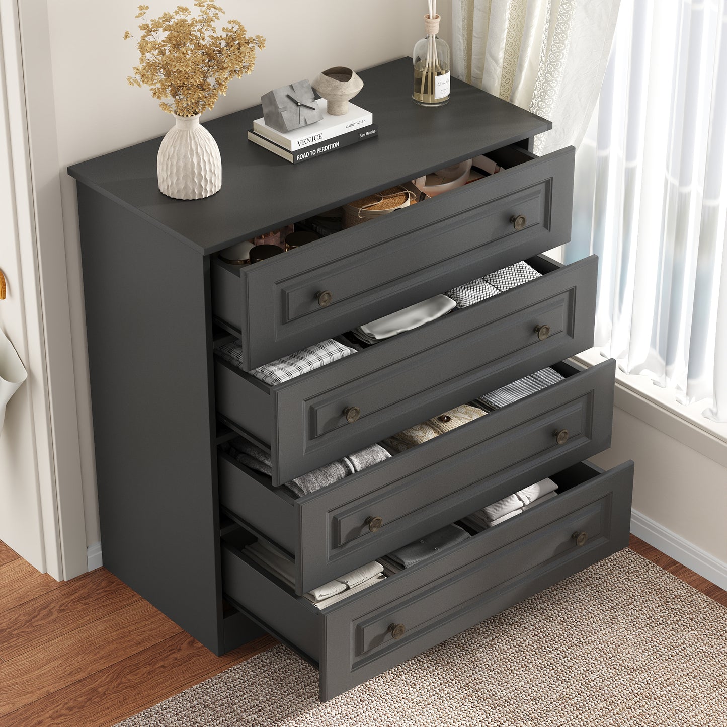 4-Drawer Dresser, 34.6” Tall Black Dresser for Bedroom Storage, Hallway Chest with Large Drawers, 29.5” Wide Space Saving Furniture