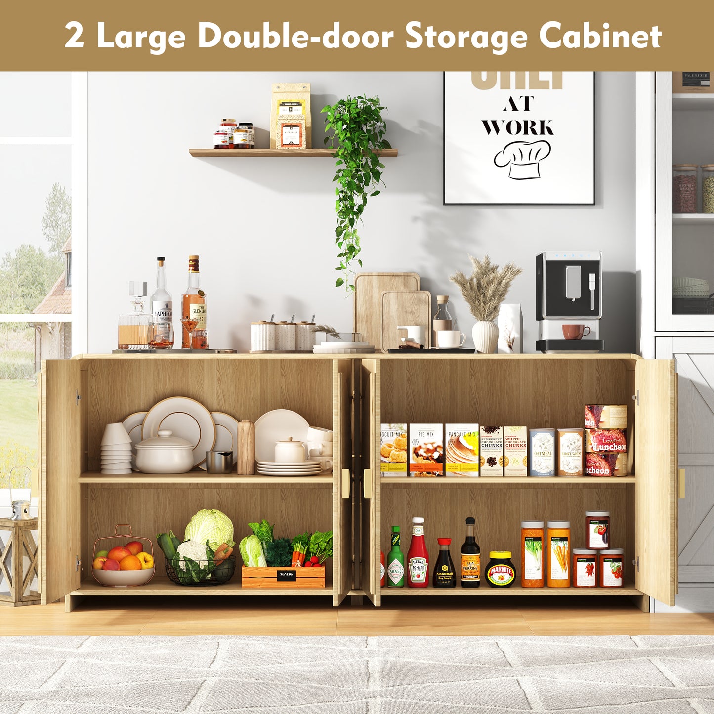 65" Large Sideboard Buffet Cabinet with Adjustable Shelves – Modern Farmhouse Coffee Bar & Dining Room Storage, Solid Wood Kitchen Table with Doors (Natural Finish)