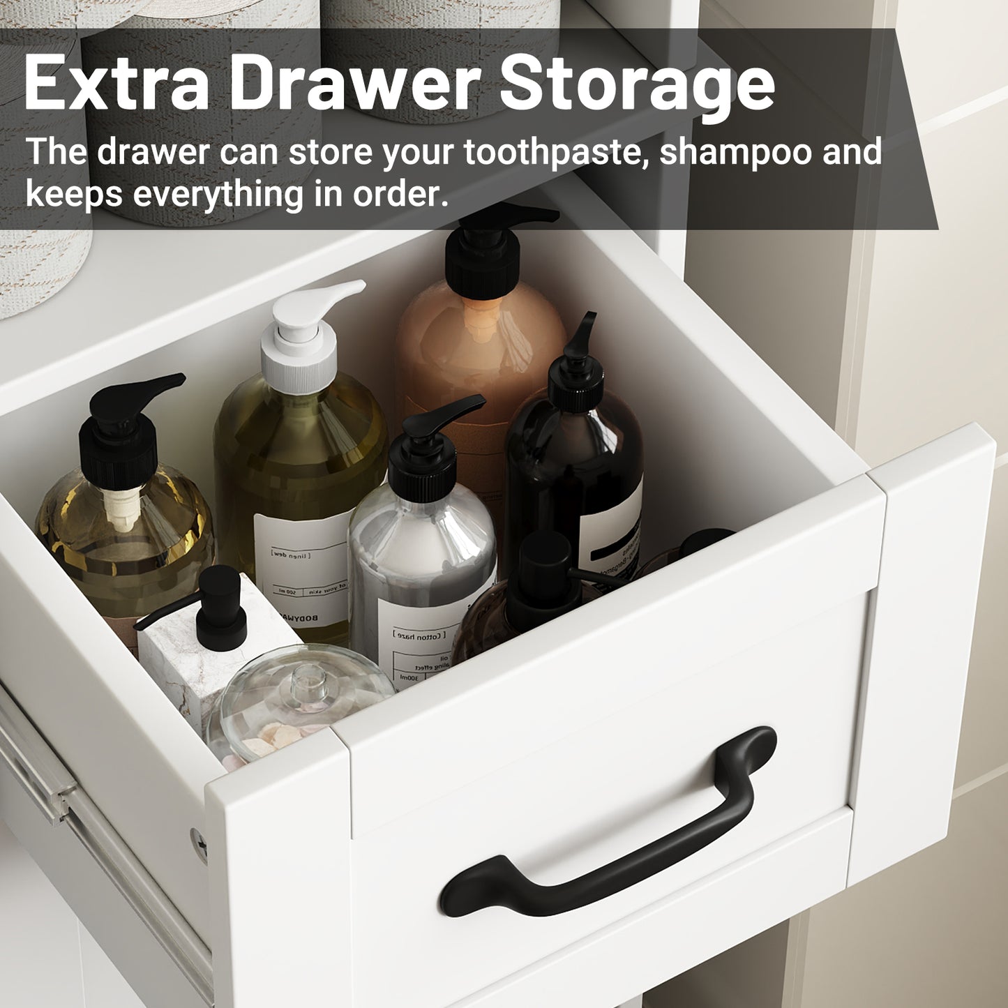 63” Tall Bathroom Storage Cabinet, Freestanding Linen Cabinet, Narrow Bathroom Storage with Barn Door and Drawer, White