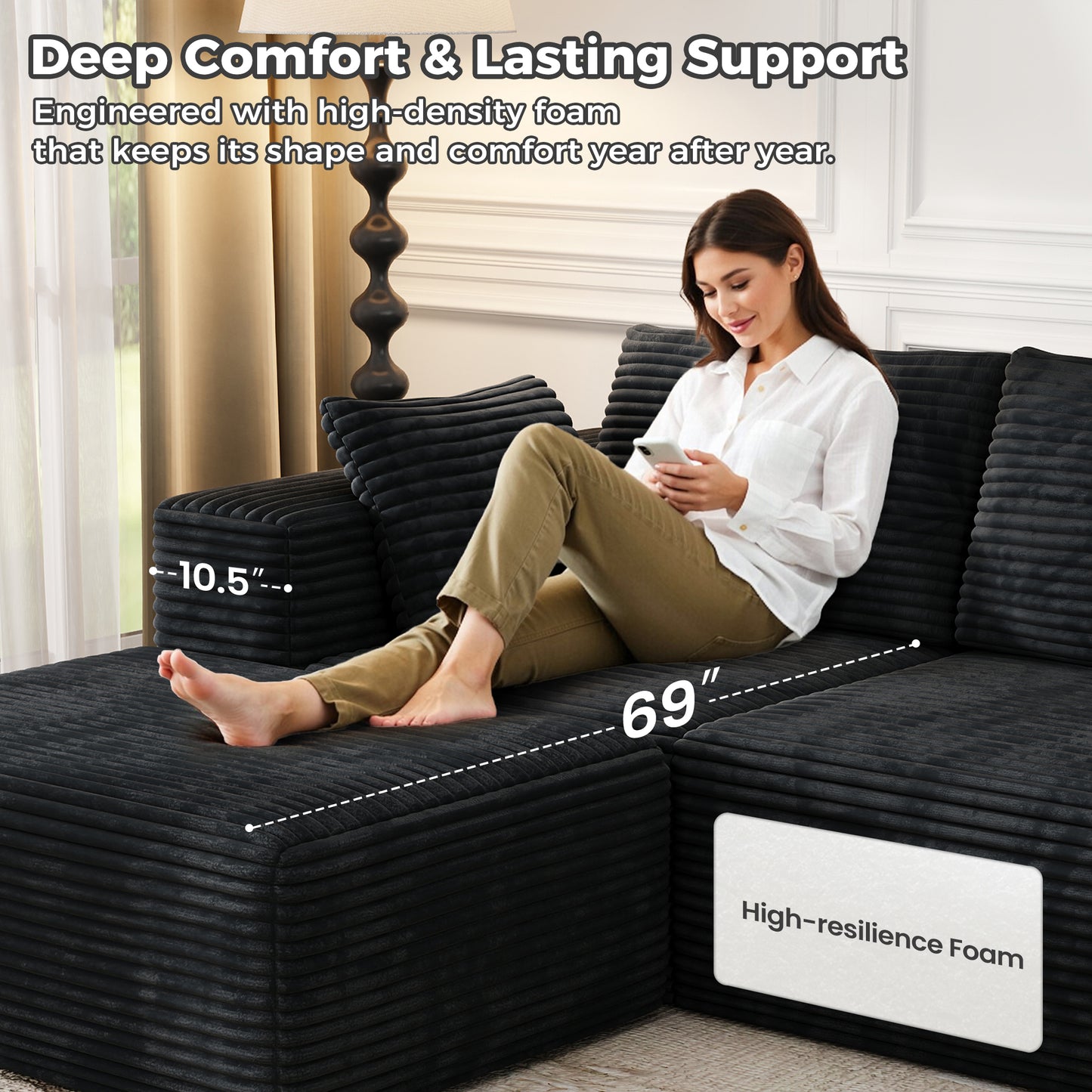 137 inch U-Shaped Sectional Sofa, Cloud-Like Big Modular Couch with Chaise, No Assembly Required, High Density Foam Never Sags, Soft Corduroy Fabric Sofa for Large Space, (Black)