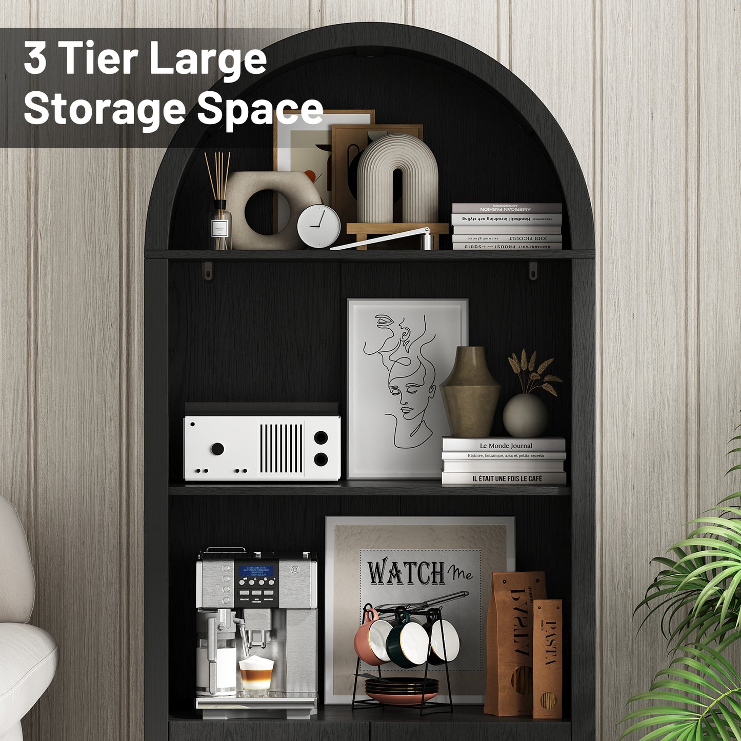 70'' Tall Arched Cabinet, Arched Kitchen Pantry Cabinet with 2 Doors and 5shelves, Open Storage Cabinets Display Bookcase, Versatile Cupboard for Living Room(Black)