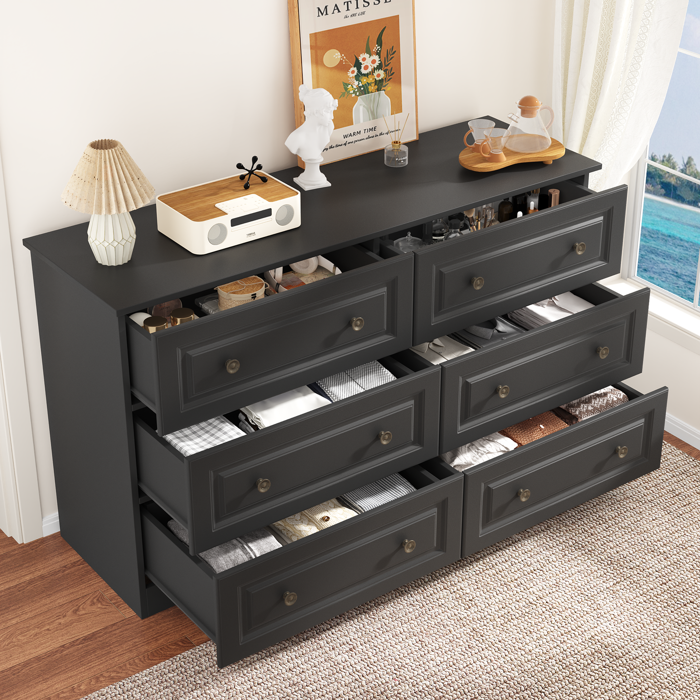 NEGYLIM 6-Drawer Black Dresser, 47-inch Wide Chest for Bedroom Storage, Farmhouse Style with Anti-Tip Safety