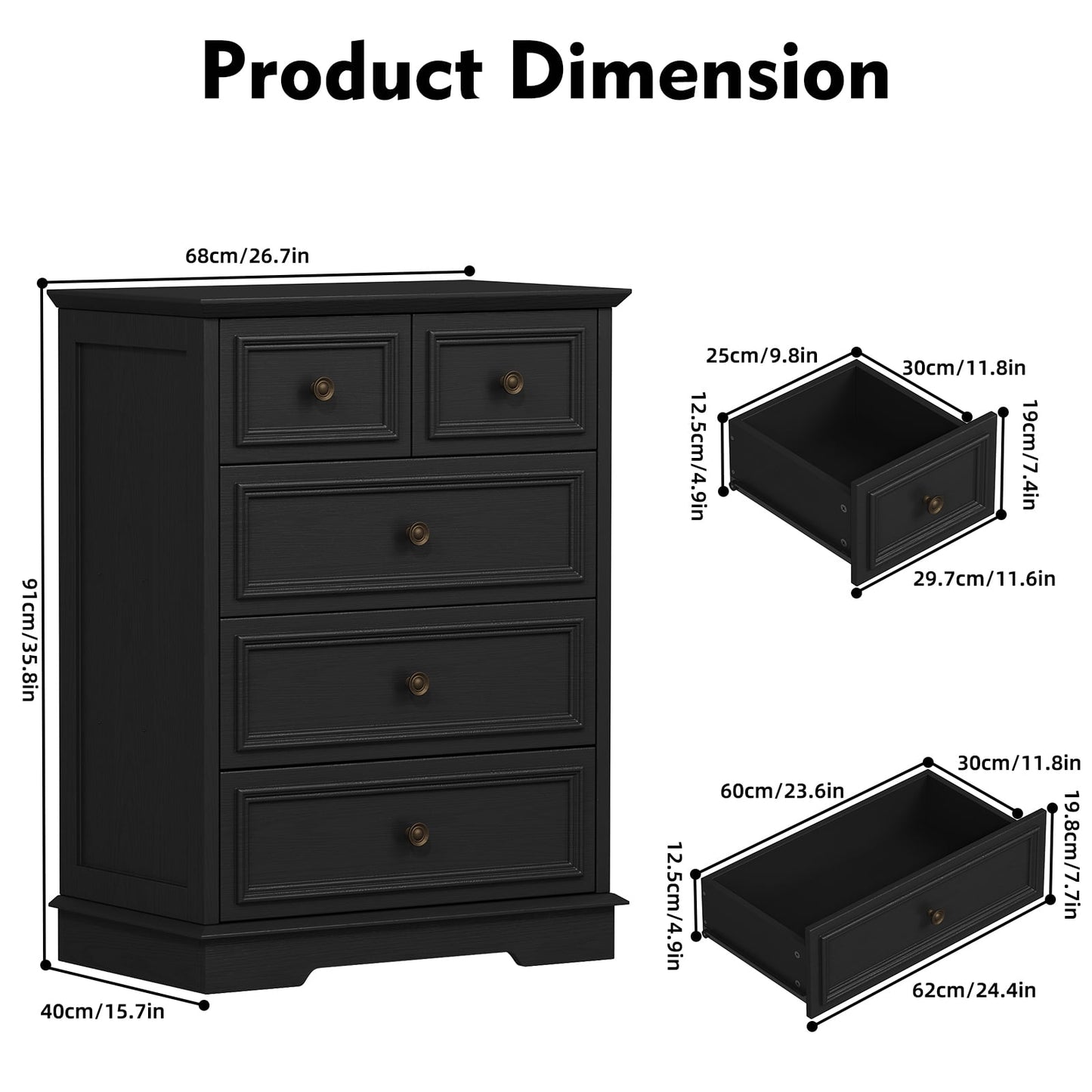 5 Drawer Dresser,Rustic-Style Chest of Drawers, Wood Storage Cabinet Dresser Organizer Unit with Antique Bronze Round Handles for Living Room, Closet, Hallway, Entryway