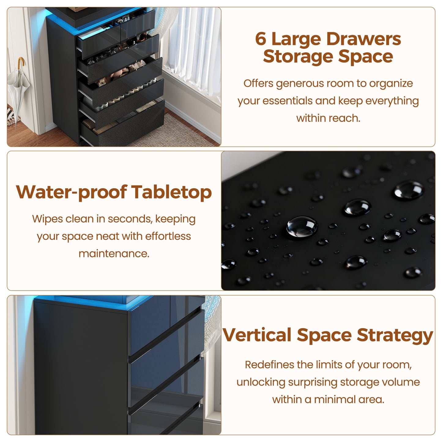 NEGYLIM 6 Drawer Black Dresser, High Gloss Dresser with LED Light for Bedroom, Living Room, Hallway, Easy Assembly
