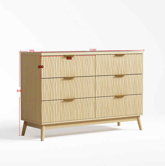 Fluted Dresser for Bedroom with 6 Drawers, 47.2" Wide Modern Chest of Drawers with Metal Handle, Wooden Dresser TV Stand, Wood Closet Clothes Storage Organizer for Living Room, Hallway, Wood Color