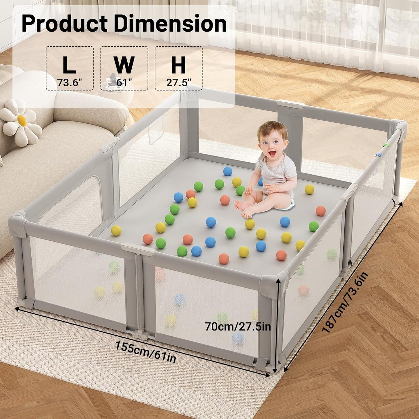 73" ×61" Large Baby Playpen, Baby Playard for Babies and Toddlers, Baby Fence Play Pens for Indoor & Outdoor, Sturdy Safety Play Yard with Soft Breathable Mesh and Carry Bag, Anti-Fall, Light Gray