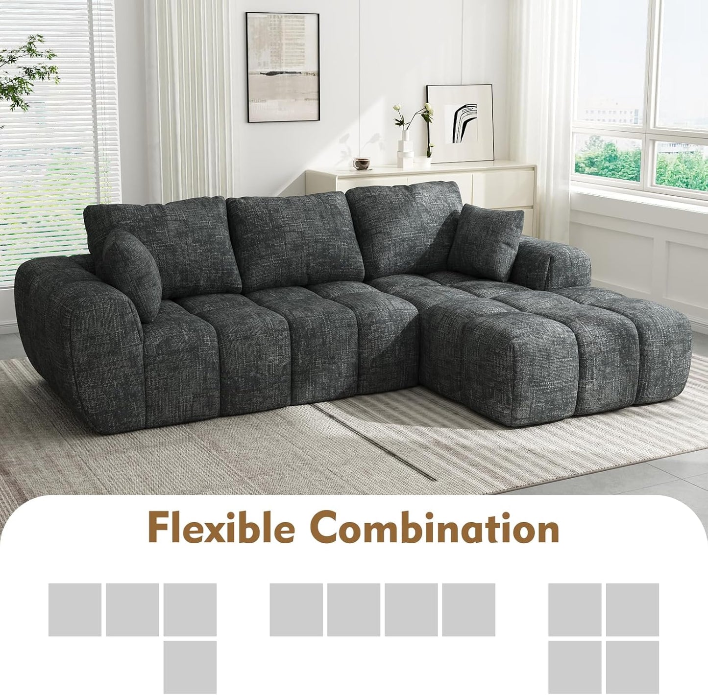 101” Modular Sectional Sofa, Cloud Sectional Couch with Deep Seat, Modern Modular L-Shape Sofa Couch with Chaise,Upholstered Boneless Couches for Living Room Bedroom(Deep Gray)
