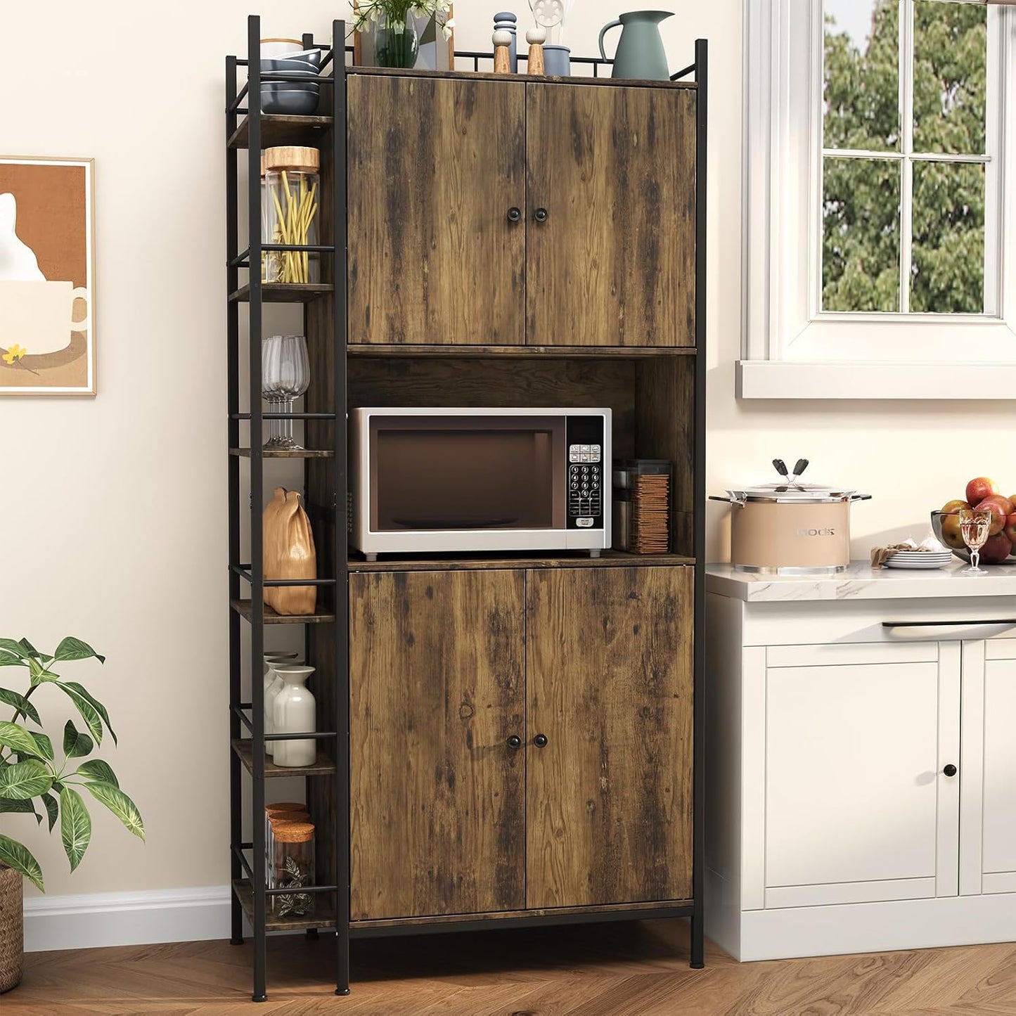 NEGYLIM 71" Kitchen Pantry Storage Cabinet, Freestanding Larder Cupboard, Kitchen Hutch Cabinet with Microwave Stand,Utility Pantry with Doors and Shelves for Dining Room, Living Room, Brown