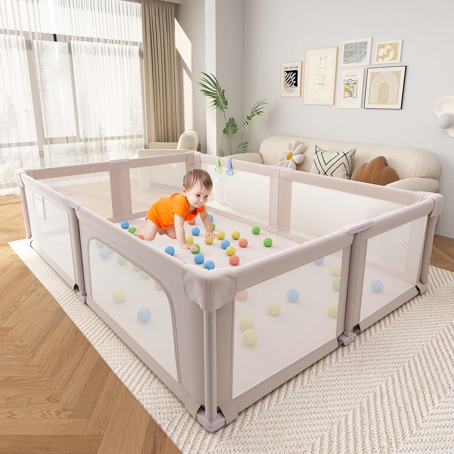 73" ×61" Large Baby Playpen, Baby Playard for Babies and Toddlers, Baby Fence Play Pens for Indoor & Outdoor, Sturdy Safety Play Yard with Soft Breathable Mesh and Carry Bag, Anti-Fall, Pink