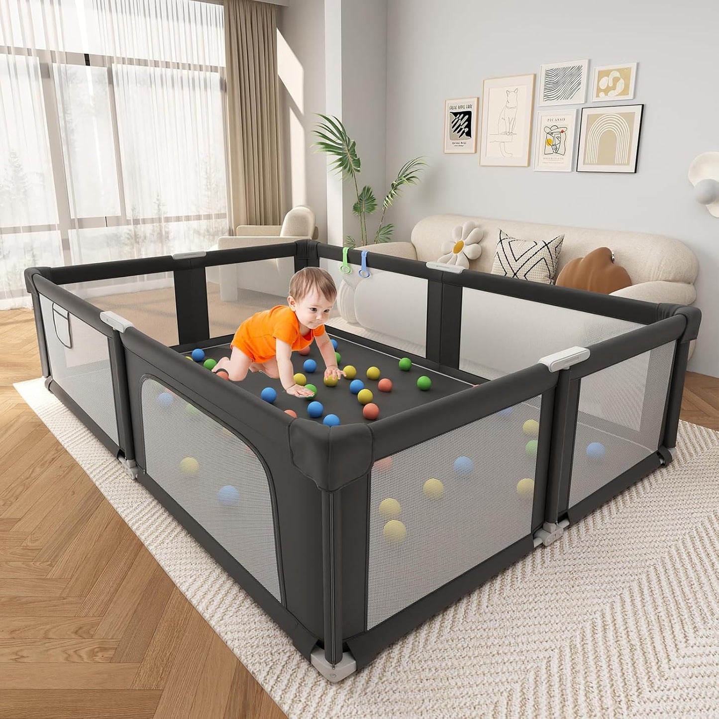 73" ×61" Large Baby Playpen, Baby Playard for Babies and Toddlers, Baby Fence Play Pens for Indoor & Outdoor, Sturdy Safety Play Yard with Soft Breathable Mesh and Carry Bag, Anti-Fall, Black