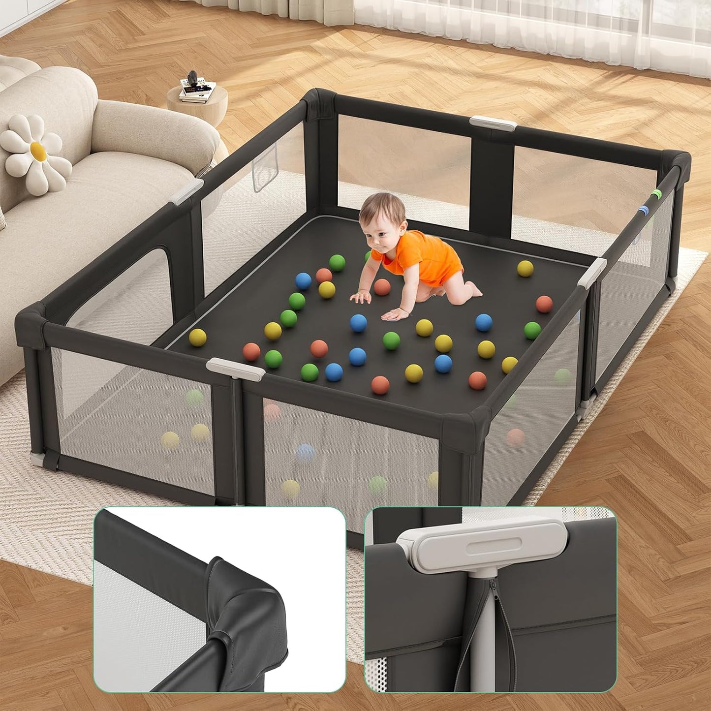 73" ×61" Large Baby Playpen, Baby Playard for Babies and Toddlers, Baby Fence Play Pens for Indoor & Outdoor, Sturdy Safety Play Yard with Soft Breathable Mesh and Carry Bag, Anti-Fall, Black