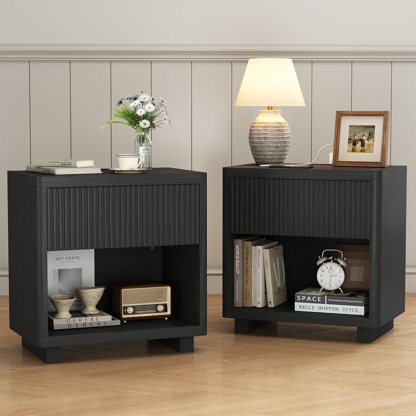 Night Stand Set 2, Nightstand with Charging Station, Modern End Table with Drawers, Bed Side Tables Set of 2 for Bedroom Living Room Sofa Couch Office(Black)