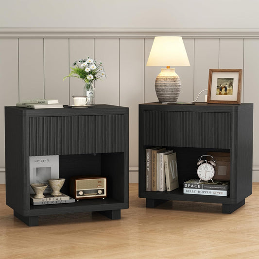 Night Stand Set 2, Nightstand with Charging Station, Modern End Table with Drawers, Bed Side Tables Set of 2 for Bedroom Living Room Sofa Couch Office(Black)
