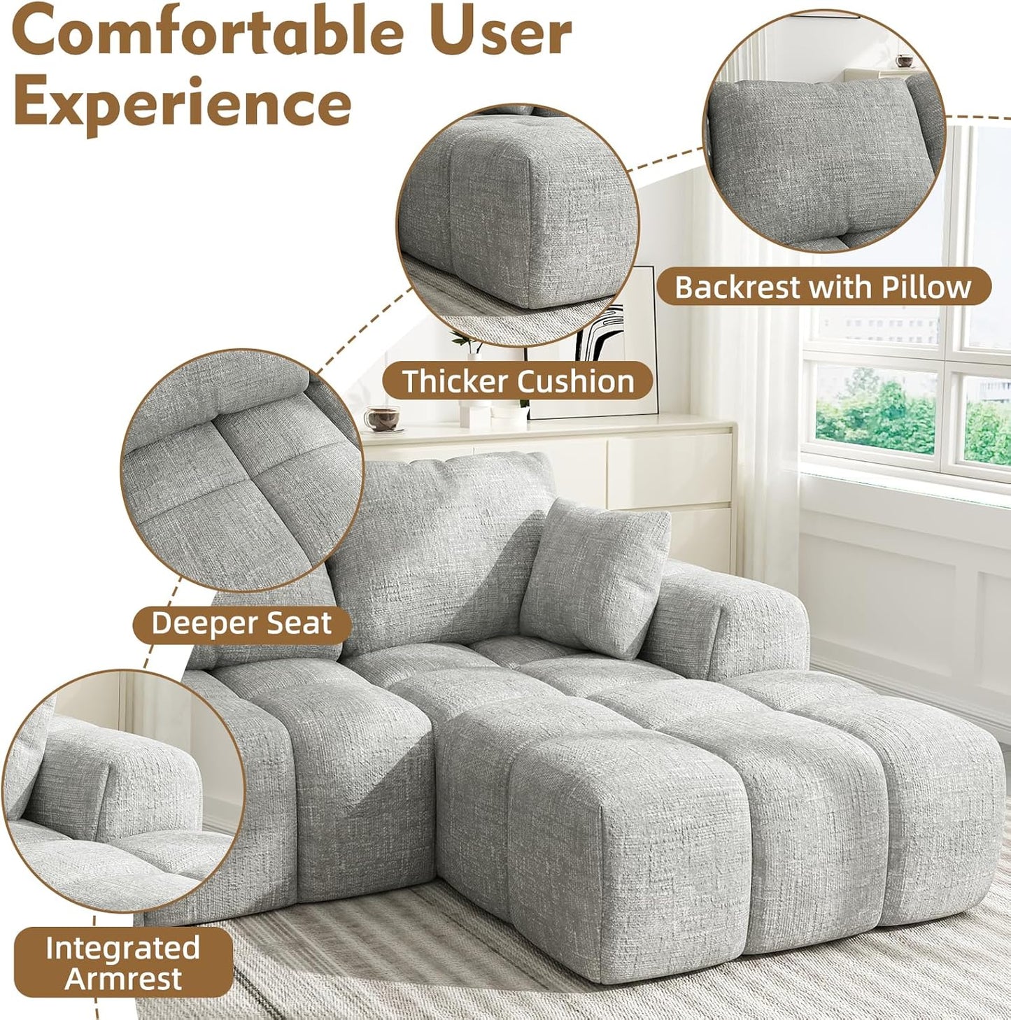 101" Cloud Sectional Couch with L-Shaped Chaise, Modular Sectional Sofa with Deep Seat, Comfy Corduroy Boneless Couches for Living Room, No Assembly Required, Pearl Gray