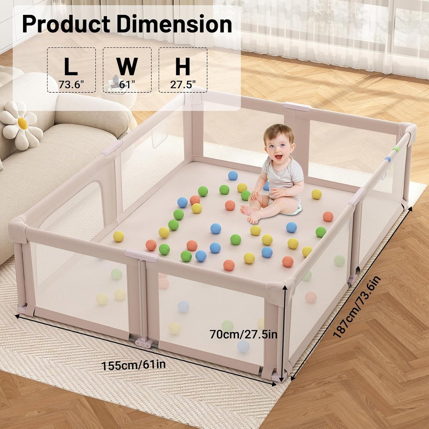 73" ×61" Large Baby Playpen, Baby Playard for Babies and Toddlers, Baby Fence Play Pens for Indoor & Outdoor, Sturdy Safety Play Yard with Soft Breathable Mesh and Carry Bag, Anti-Fall, Pink
