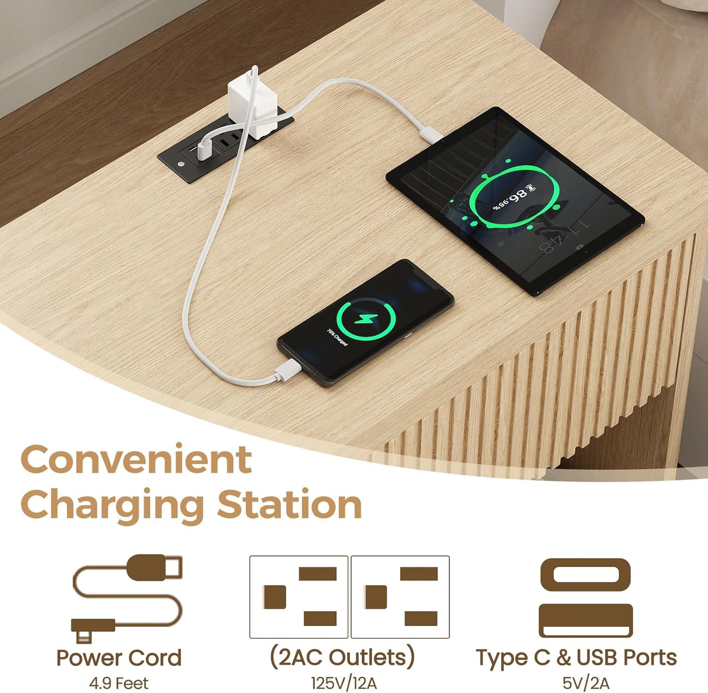 Night Stand Set 2, Nightstand with Charging Station, Modern End Table with Drawers, Bed Side Tables Set of 2 for Bedroom Living Room Sofa Couch Office(Wood Color)