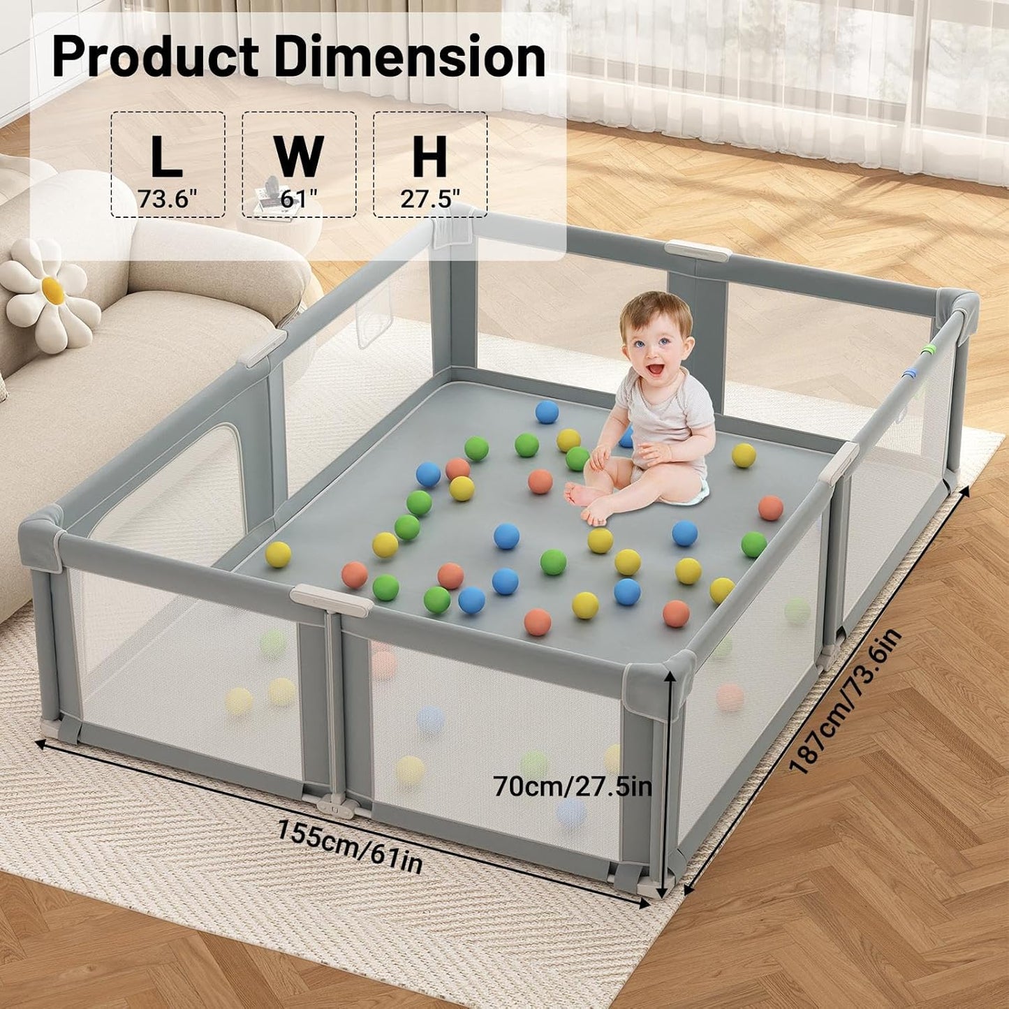 73" ×61" Large Baby Playpen, Baby Playard for Babies and Toddlers, Baby Fence Play Pens for Indoor & Outdoor, Sturdy Safety Play Yard with Soft Breathable Mesh and Carry Bag, Anti-Fall, Dark Gray