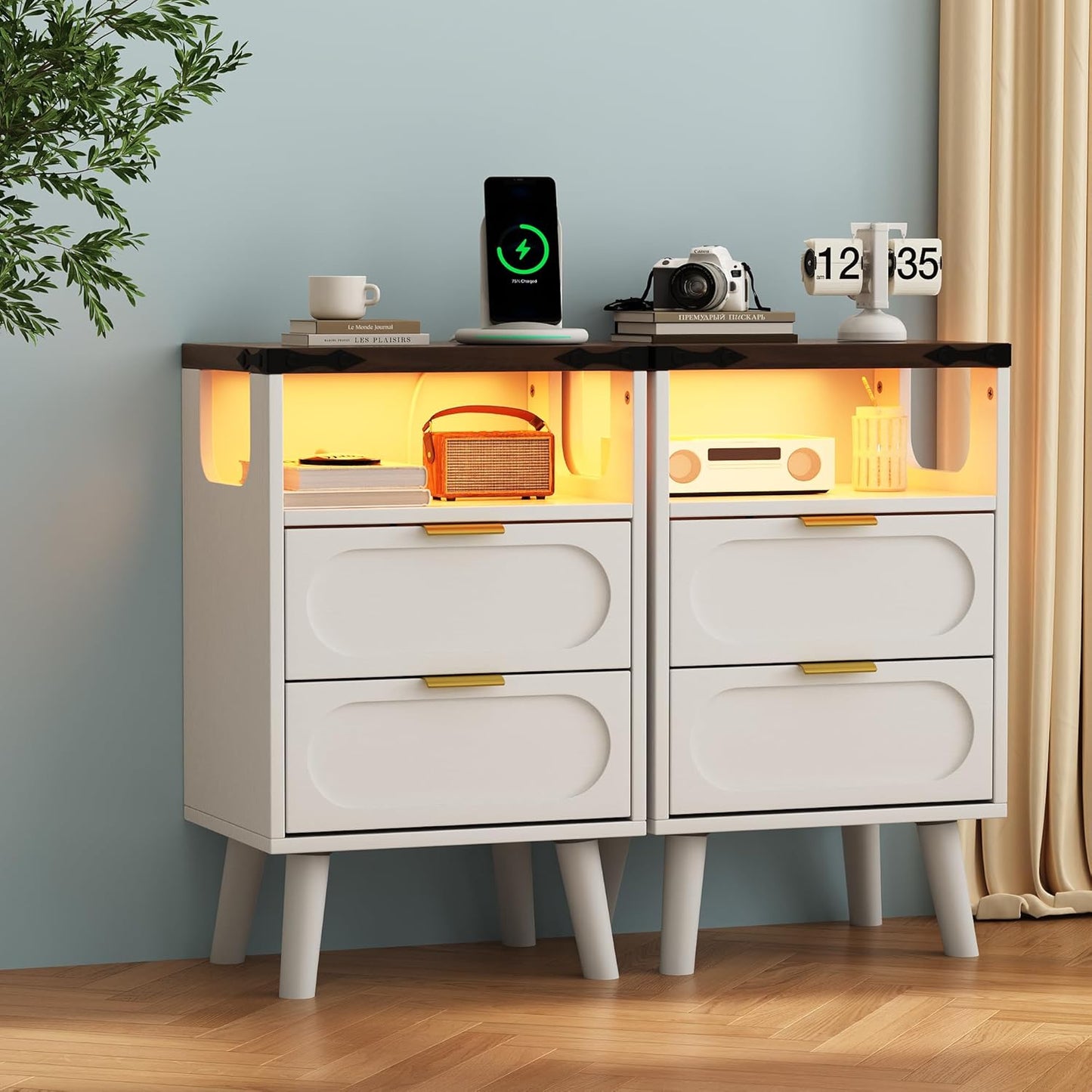 Smart LED Nightstand with Charging Station | 2 Wooden Drawers & Storage Shelf | USB Ports & Outlets, White (Set of 2)