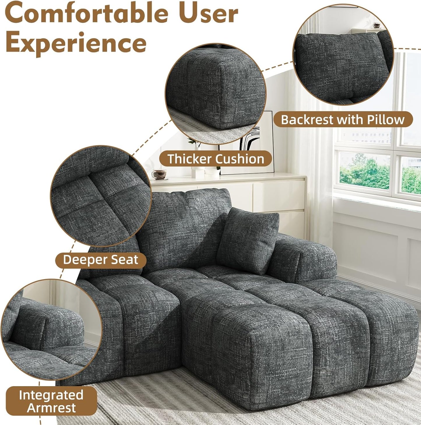 101” Modular Sectional Sofa, Cloud Sectional Couch with Deep Seat, Modern Modular L-Shape Sofa Couch with Chaise,Upholstered Boneless Couches for Living Room Bedroom(Deep Gray)