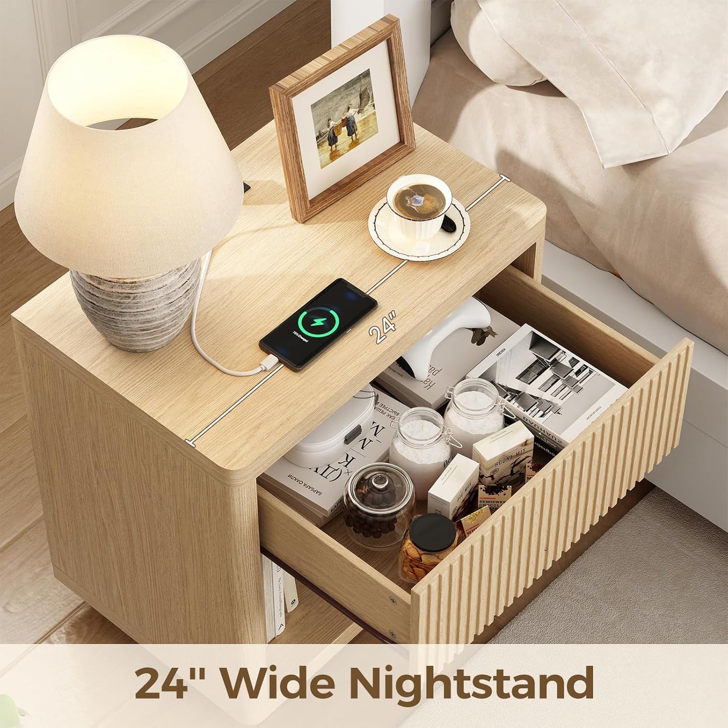 Night Stand Set 2, Nightstand with Charging Station, Modern End Table with Drawers, Bed Side Tables Set of 2 for Bedroom Living Room Sofa Couch Office(Wood Color)