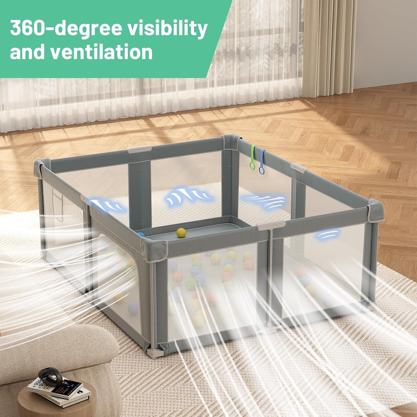 73" ×61" Large Baby Playpen, Baby Playard for Babies and Toddlers, Baby Fence Play Pens for Indoor & Outdoor, Sturdy Safety Play Yard with Soft Breathable Mesh and Carry Bag, Anti-Fall, Dark Gray