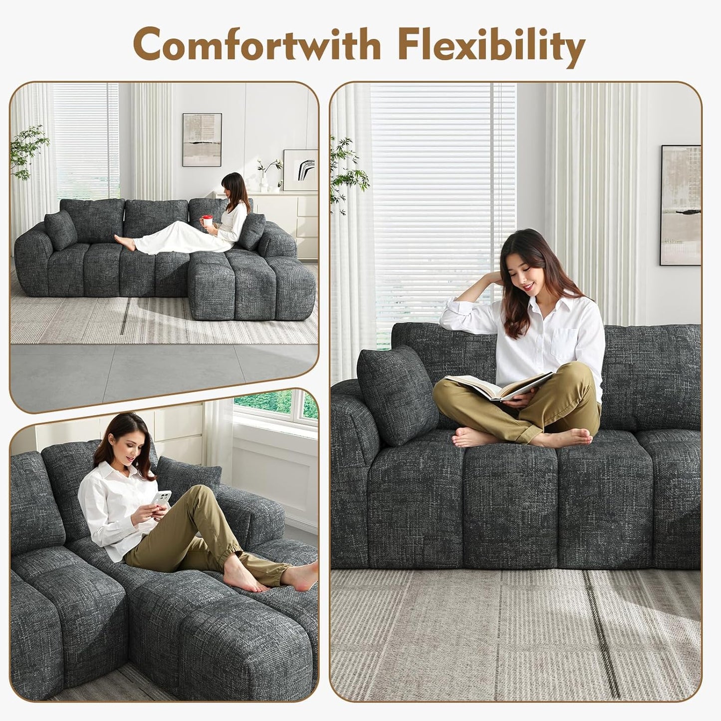 101” Modular Sectional Sofa, Cloud Sectional Couch with Deep Seat, Modern Modular L-Shape Sofa Couch with Chaise,Upholstered Boneless Couches for Living Room Bedroom(Deep Gray)