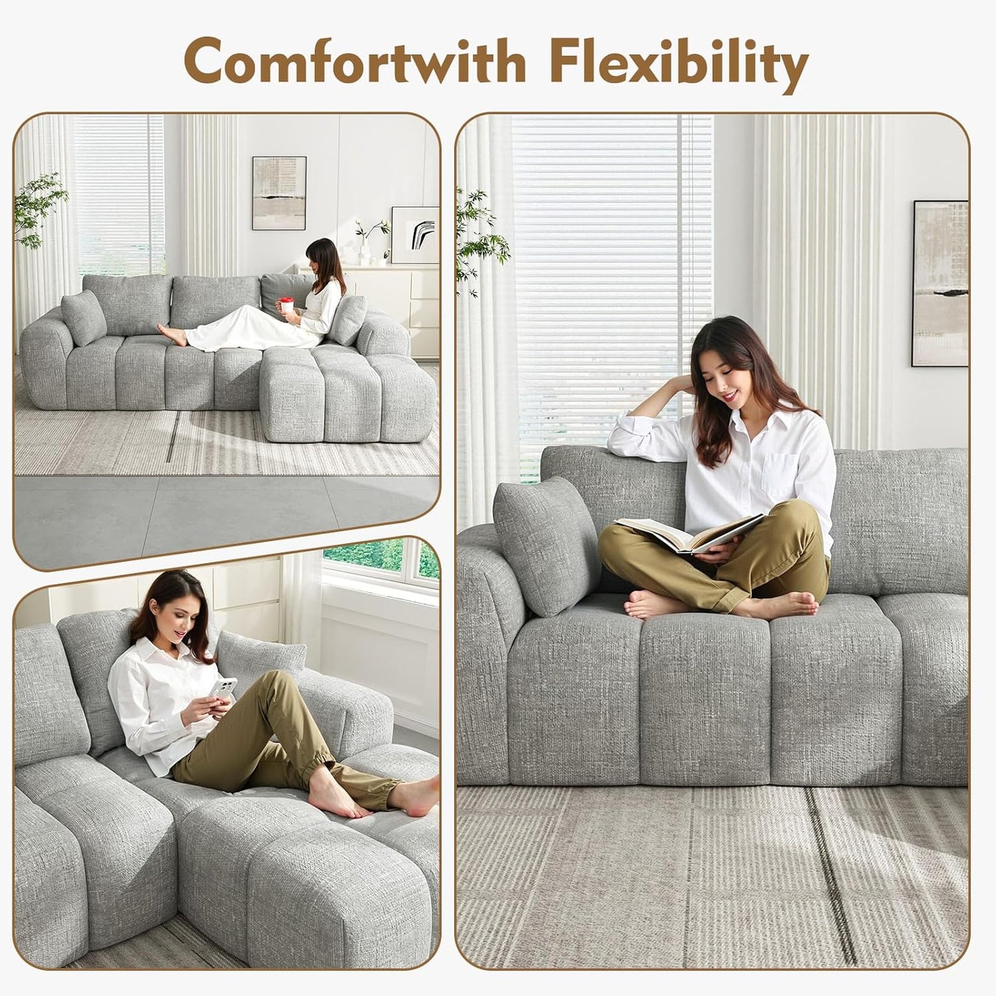 101" Cloud Sectional Couch with L-Shaped Chaise, Modular Sectional Sofa with Deep Seat, Comfy Corduroy Boneless Couches for Living Room, No Assembly Required, Pearl Gray