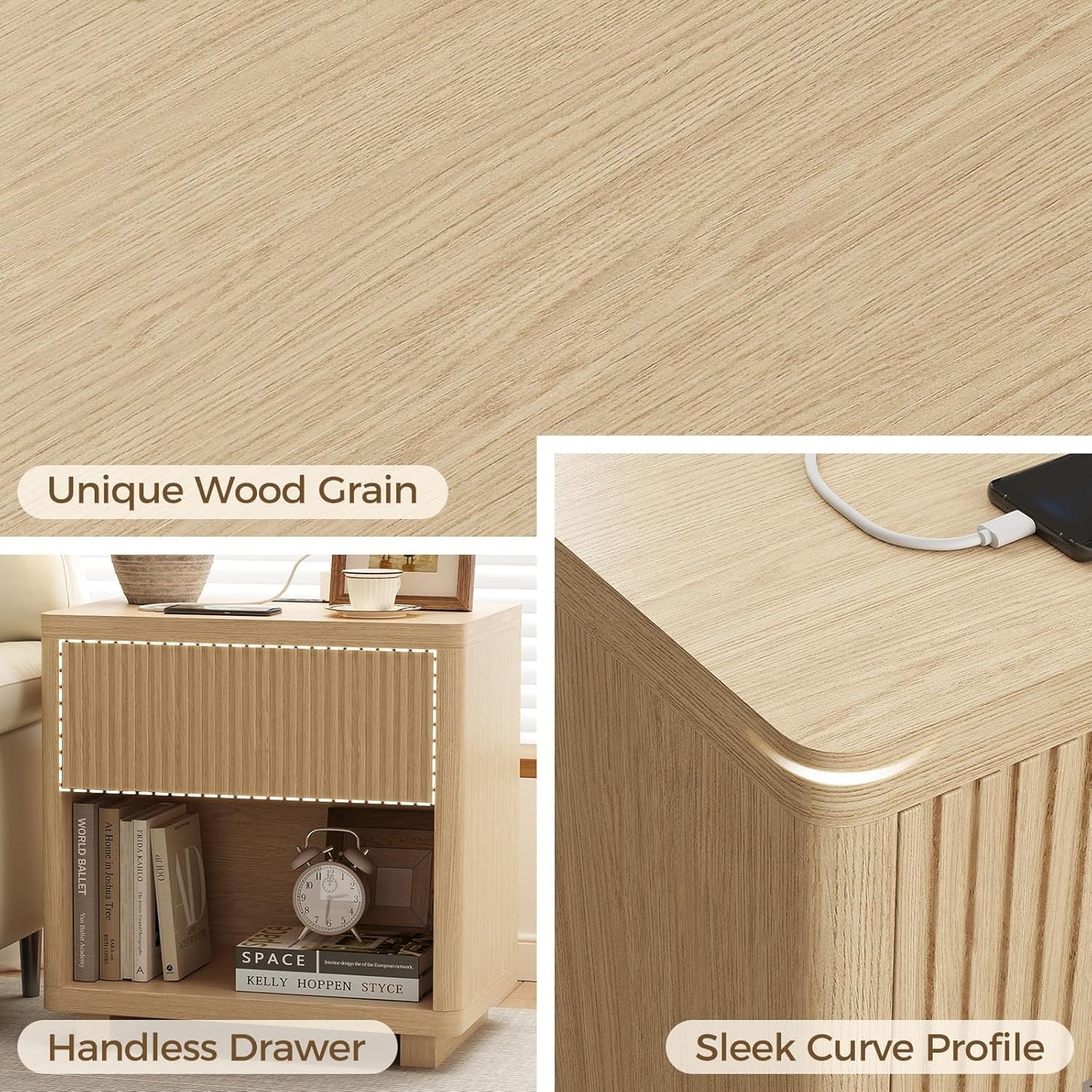 Night Stand Set 2, Nightstand with Charging Station, Modern End Table with Drawers, Bed Side Tables Set of 2 for Bedroom Living Room Sofa Couch Office(Wood Color)