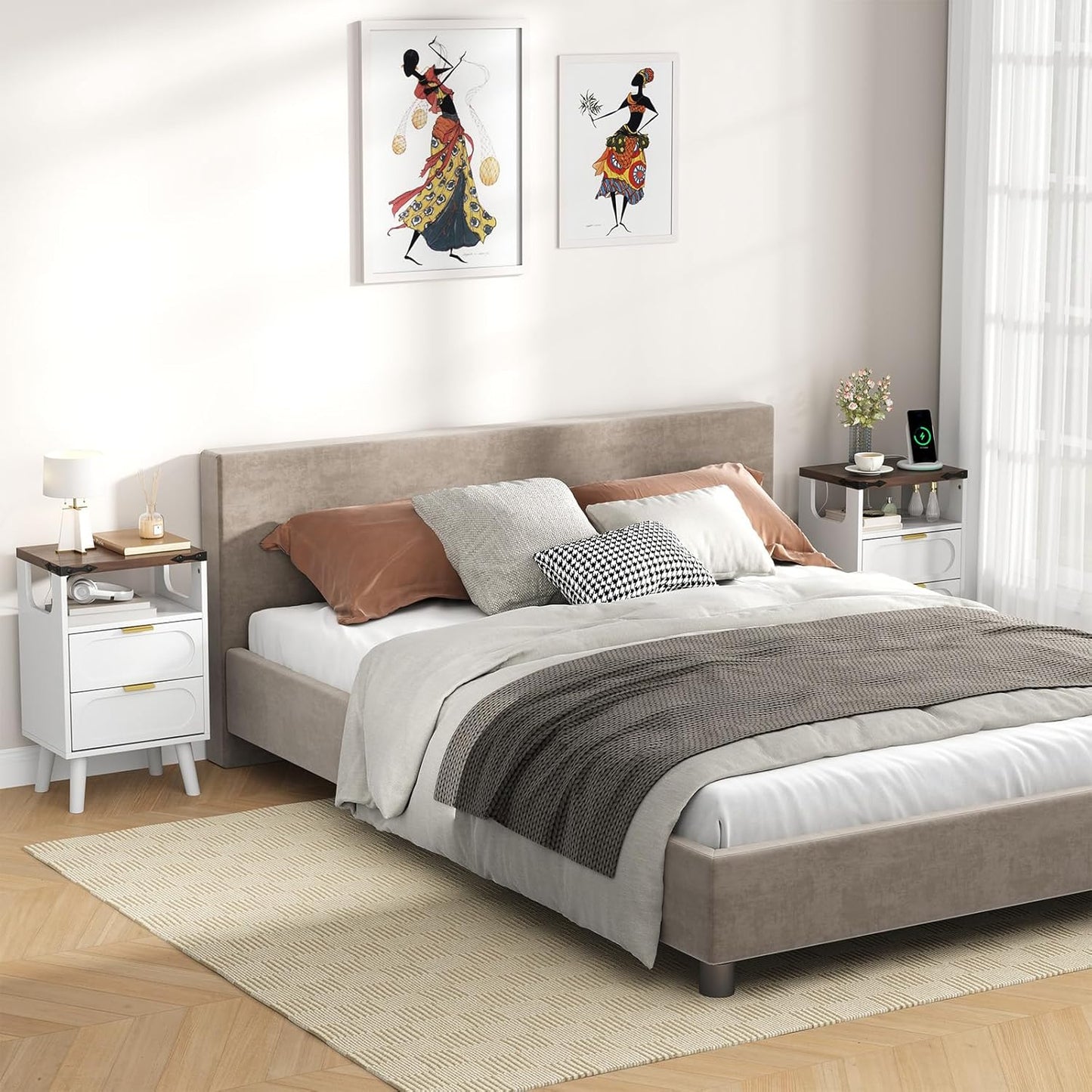 Smart LED Nightstand with Charging Station | 2 Wooden Drawers & Storage Shelf | USB Ports & Outlets, White (Set of 2)