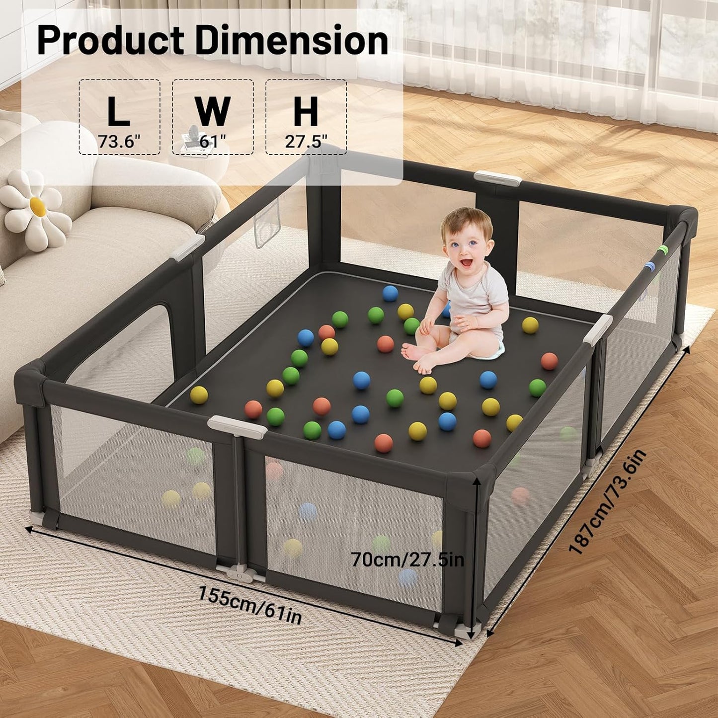 73" ×61" Large Baby Playpen, Baby Playard for Babies and Toddlers, Baby Fence Play Pens for Indoor & Outdoor, Sturdy Safety Play Yard with Soft Breathable Mesh and Carry Bag, Anti-Fall, Black