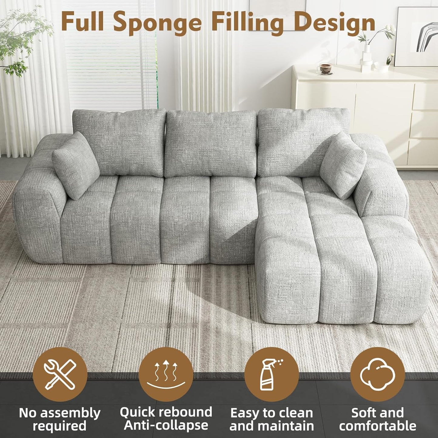 101" Cloud Sectional Couch with L-Shaped Chaise, Modular Sectional Sofa with Deep Seat, Comfy Corduroy Boneless Couches for Living Room, No Assembly Required, Pearl Gray