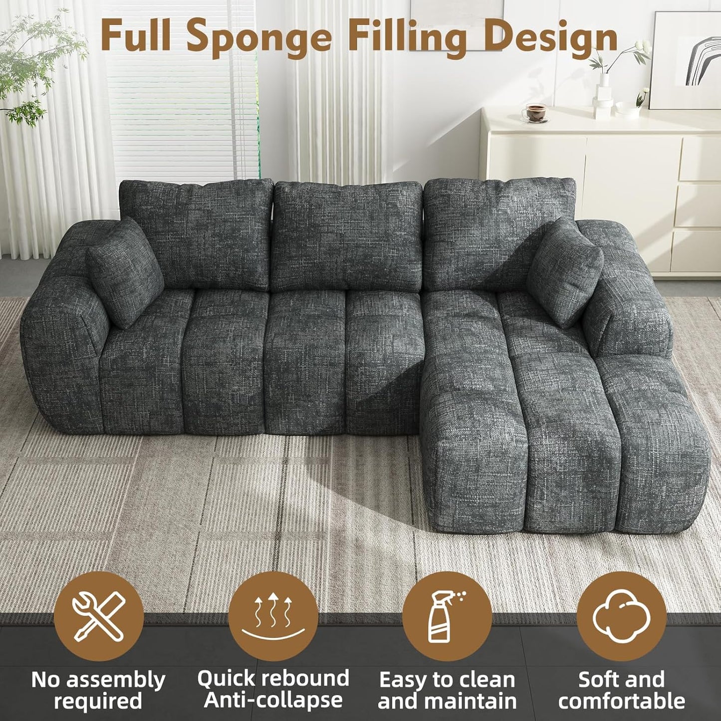 101” Modular Sectional Sofa, Cloud Sectional Couch with Deep Seat, Modern Modular L-Shape Sofa Couch with Chaise,Upholstered Boneless Couches for Living Room Bedroom(Deep Gray)