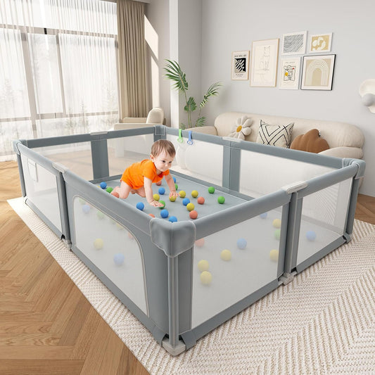 73" ×61" Large Baby Playpen, Baby Playard for Babies and Toddlers, Baby Fence Play Pens for Indoor & Outdoor, Sturdy Safety Play Yard with Soft Breathable Mesh and Carry Bag, Anti-Fall, Dark Gray