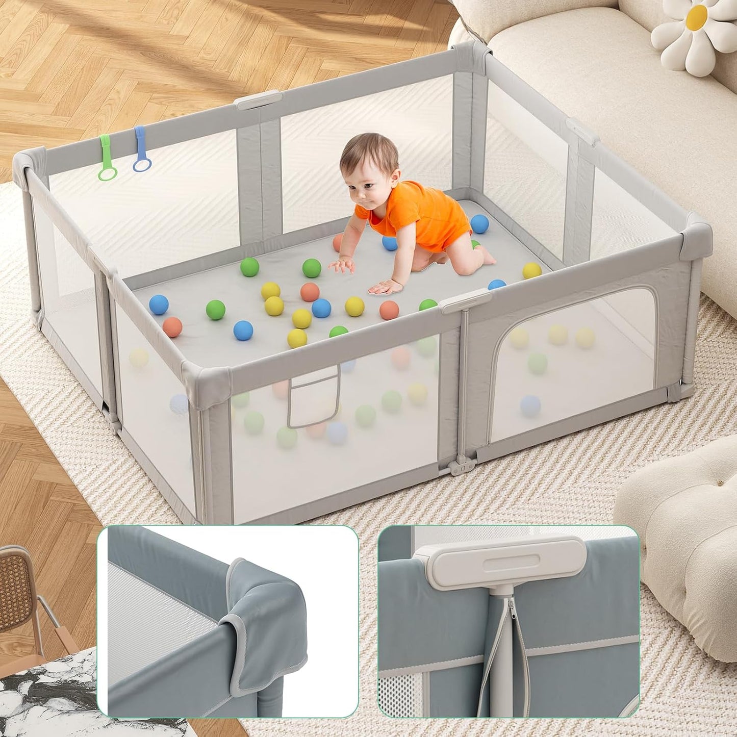 73" ×61" Large Baby Playpen, Baby Playard for Babies and Toddlers, Baby Fence Play Pens for Indoor & Outdoor, Sturdy Safety Play Yard with Soft Breathable Mesh and Carry Bag, Anti-Fall, Dark Gray