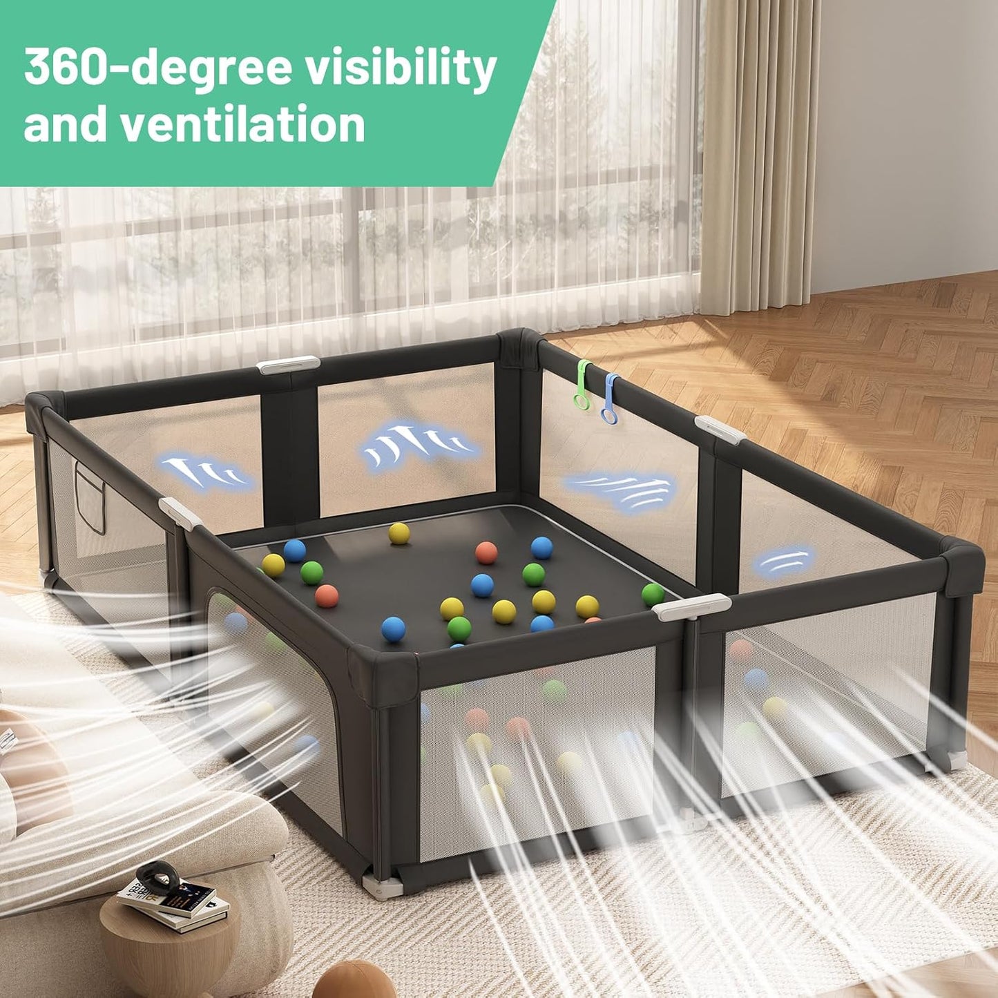 73" ×61" Large Baby Playpen, Baby Playard for Babies and Toddlers, Baby Fence Play Pens for Indoor & Outdoor, Sturdy Safety Play Yard with Soft Breathable Mesh and Carry Bag, Anti-Fall, Black