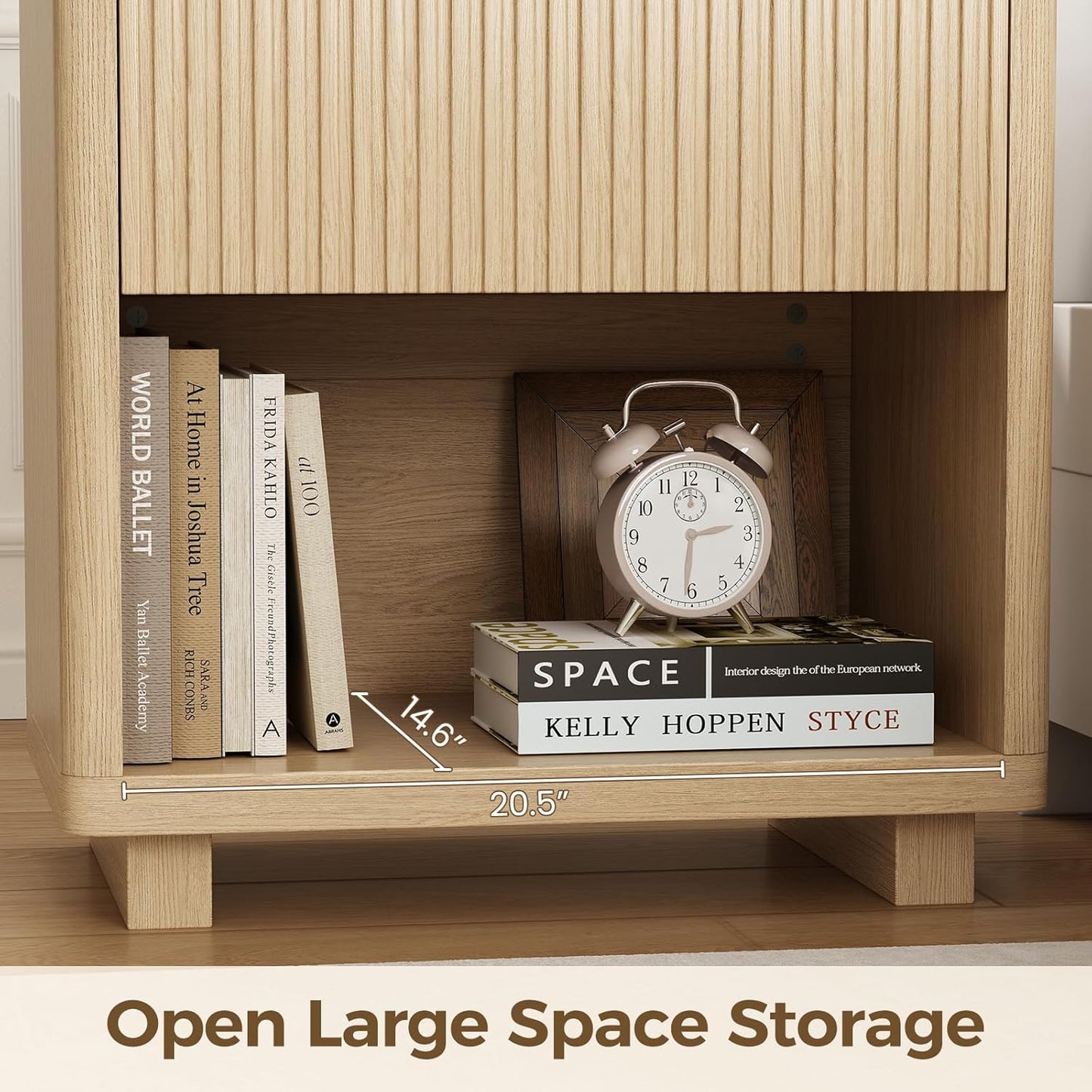 Fluted Nightstand with Charging Station, Modern Bedroom Furniture Side Table, Drawers & Open Shelf, Curved Profile Design, End Table Wood Organizer for Bedroom(Wood Color)