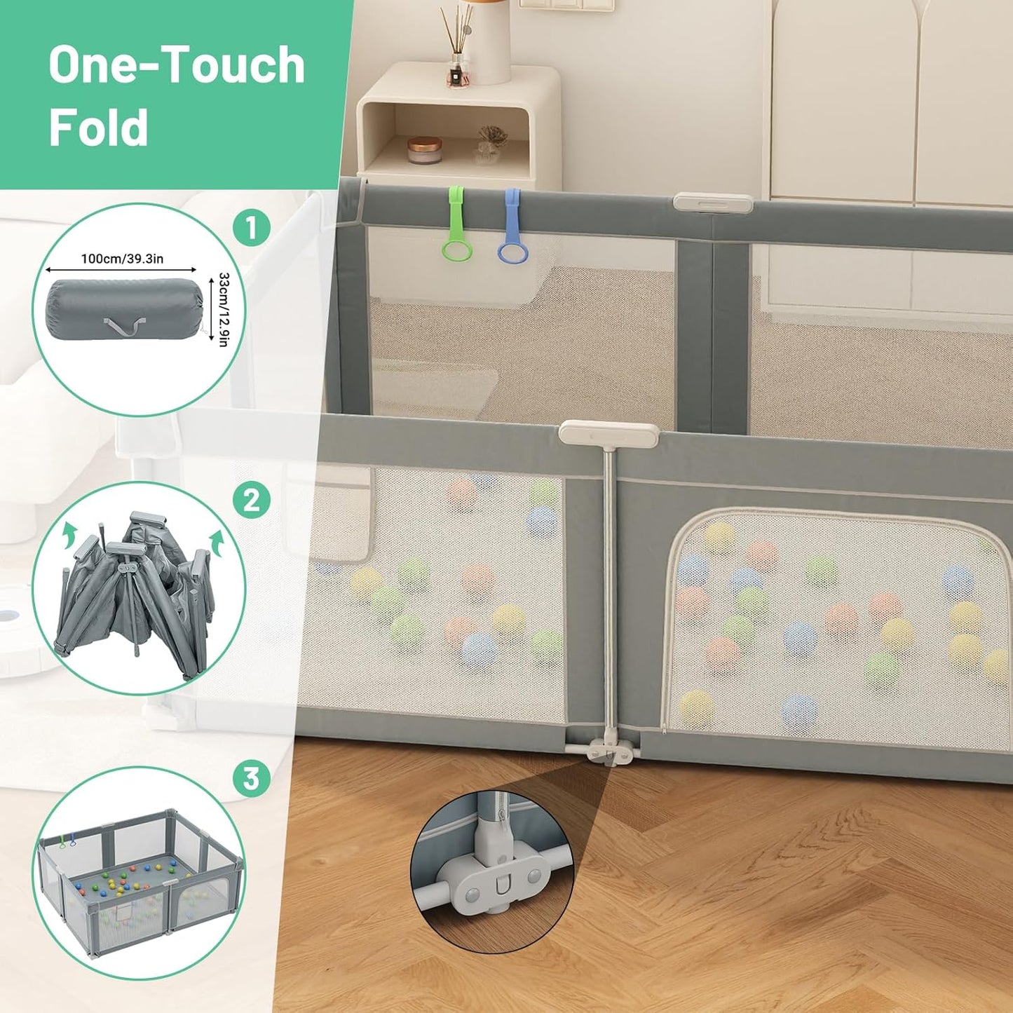 73" ×61" Large Baby Playpen, Baby Playard for Babies and Toddlers, Baby Fence Play Pens for Indoor & Outdoor, Sturdy Safety Play Yard with Soft Breathable Mesh and Carry Bag, Anti-Fall, Dark Gray