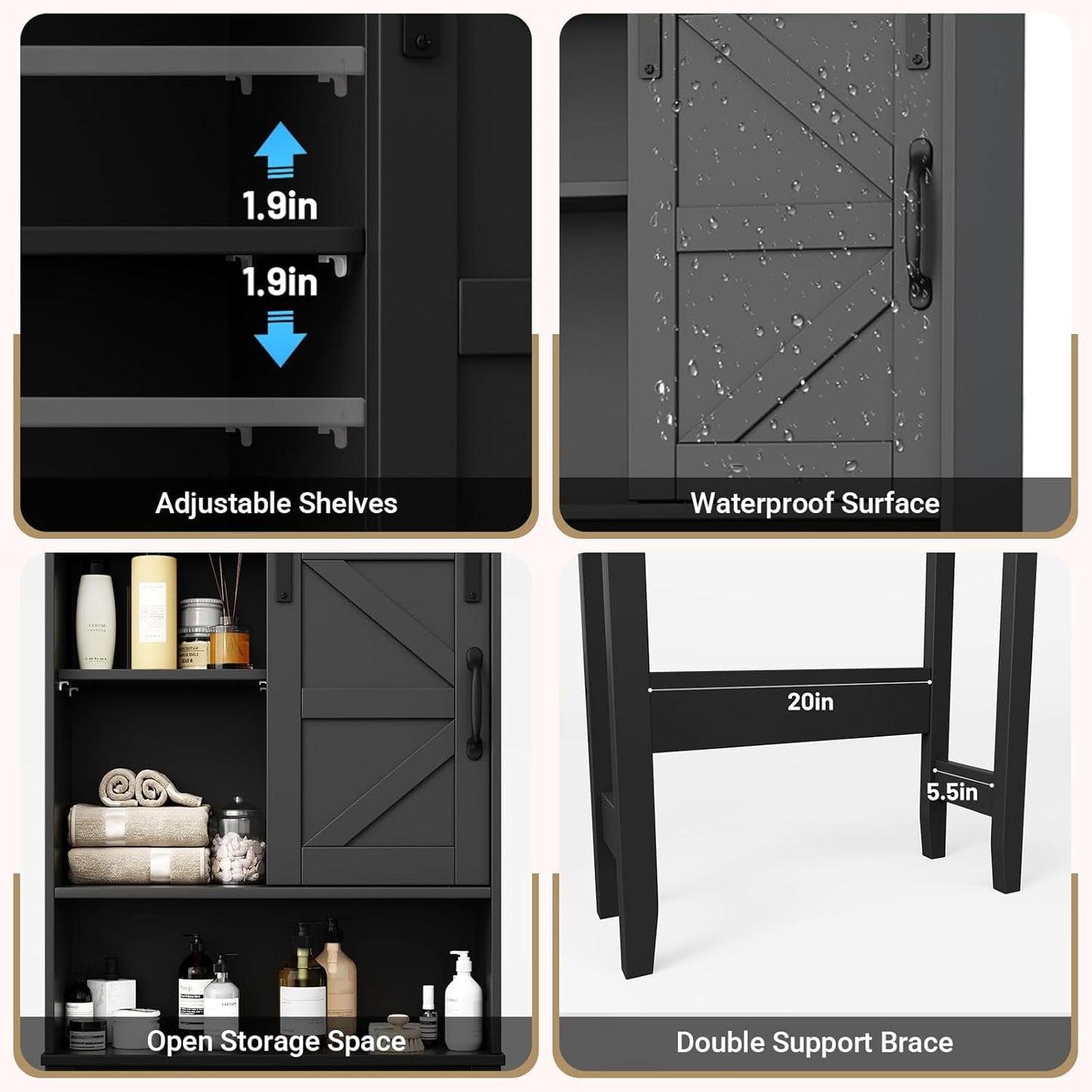 NEDGYLIM Over the Toilet Storage Cabinet with Sliding Barn Door, Anti-Tipping Design, Waterproof, Adjustable Shelves for Bathroom/Laundry Room Organization