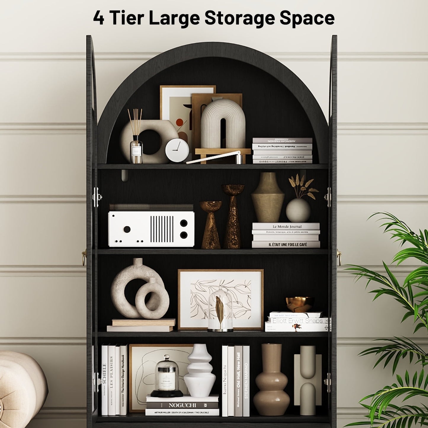 Arched Kitchen Pantry Cabinet & Display Cabinet with Glass Doors, 4 Shelves, 2 Drawers, Solid Wood Legs, 70.87 Inches in Height, Suitable for Kitchen, Bedroom and Living Room, for Easy Storage