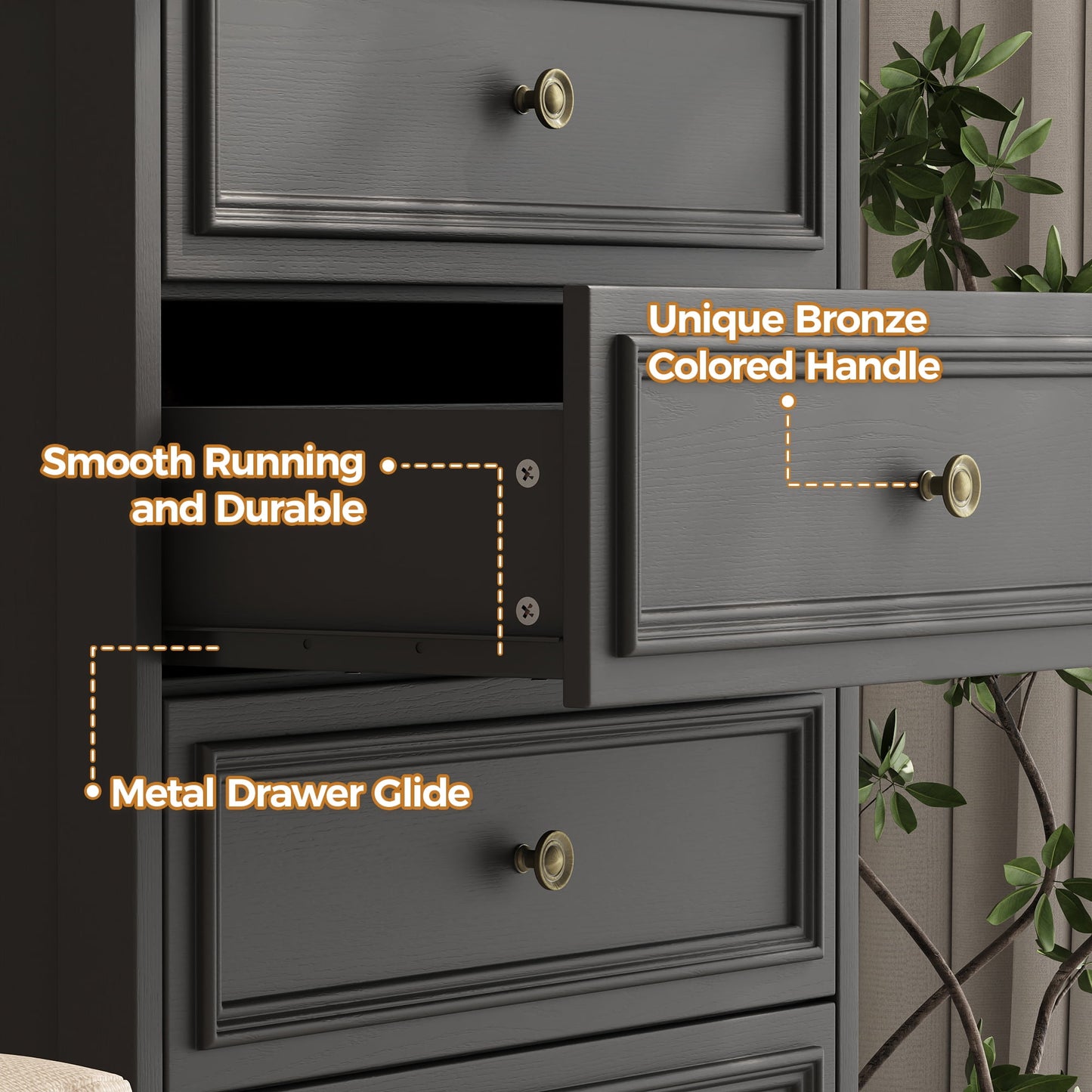 5 Drawer Dresser, Chest of Drawers for Bedroom, Modern Storage Cabinet Dresser Organizer Unit with Antique Bronze Round Handles for Living Room, Closet, Hallway, Entryway