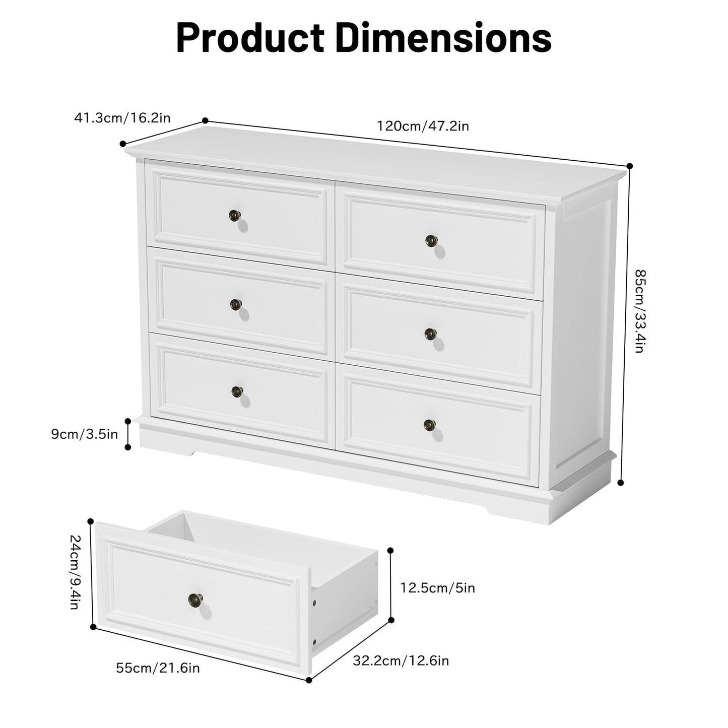 6 Drawer Chest of Drawers, Modern Storage Cabinet Dresser Organizer Unit with Antique Bronze Round Handles for Living Room, Closet, Hallway, Entryway，White