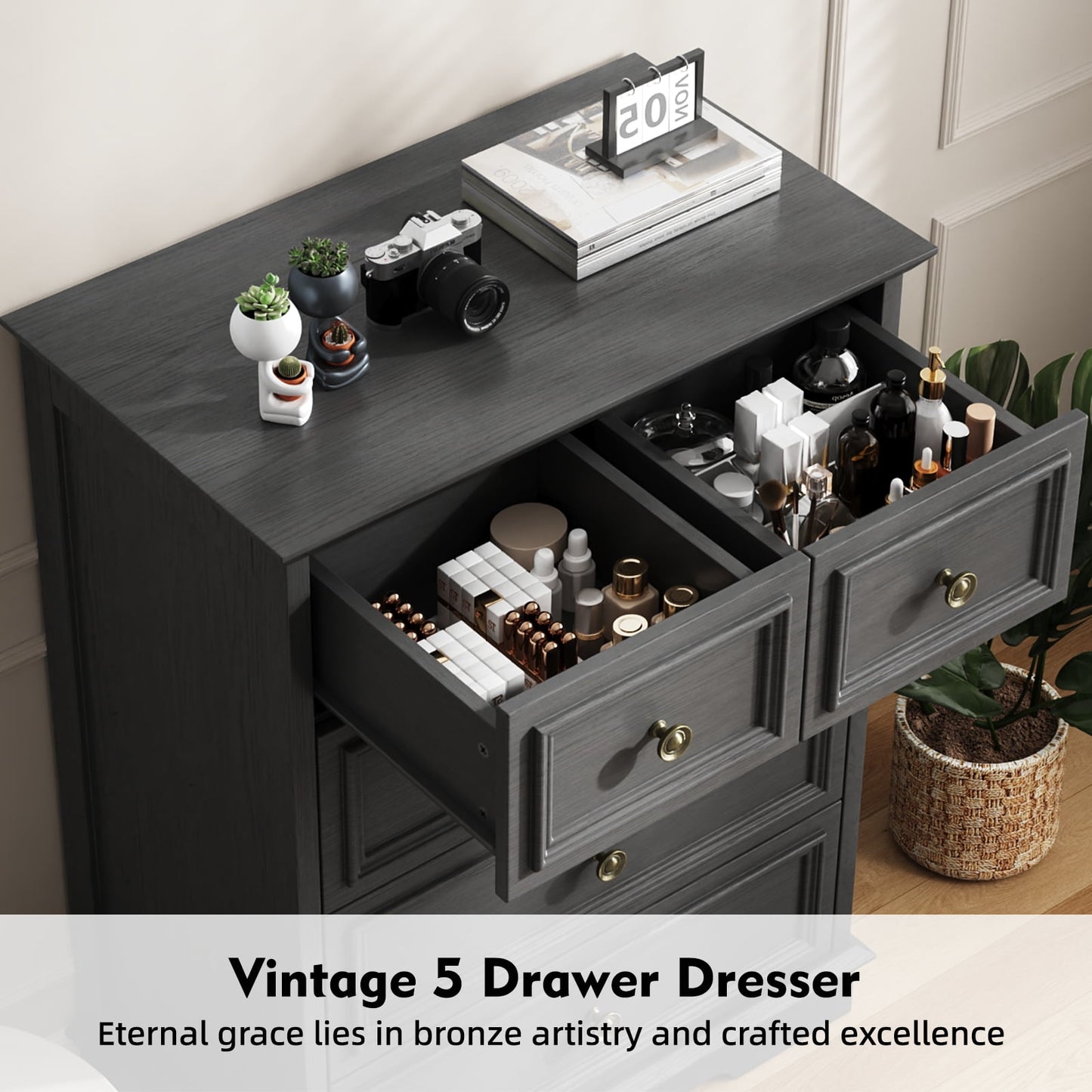 5 Drawer Dresser,Rustic-Style Chest of Drawers, Wood Storage Cabinet Dresser Organizer Unit with Antique Bronze Round Handles for Living Room, Closet, Hallway, Entryway