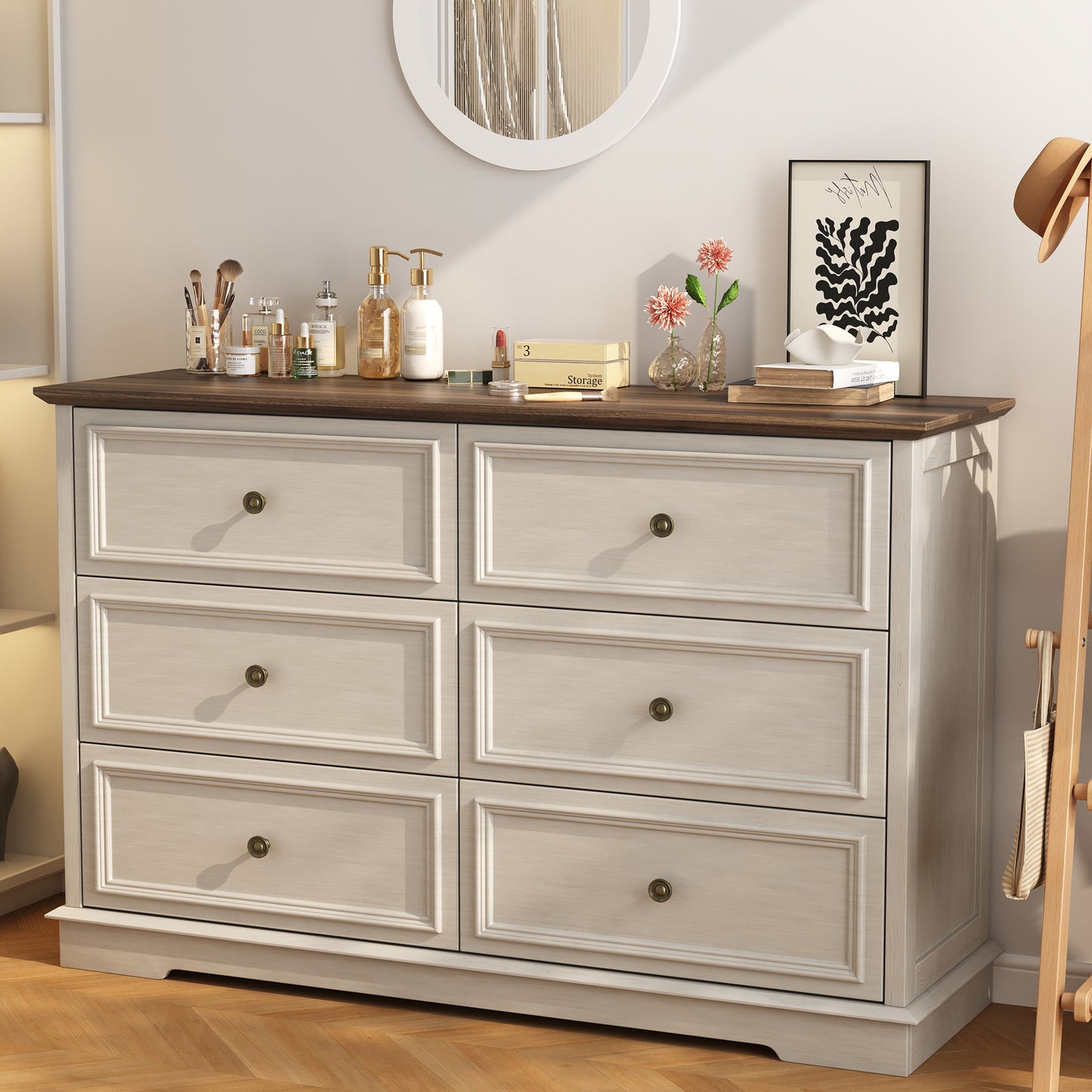 6 Drawer Dresser for Bedroom, 50.4" * 15.7" * 35.8" Retro Style Chest of Drawers, Wood Storage Double Dresser with Deep Drawers for Living Room, Hallway Entryway